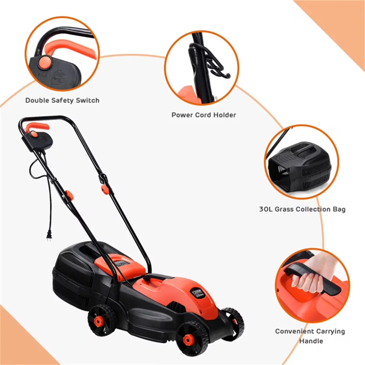 Innovative Push Mower with Adjustable Cutting Height, 13" Electric Lawn for Garden - Model 6C27ED
