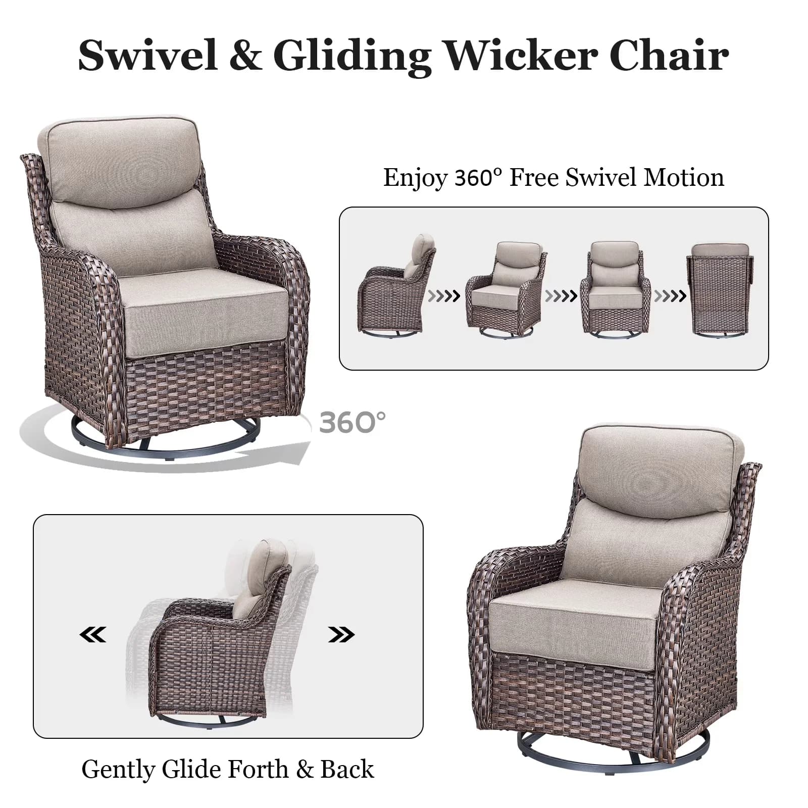 Versatile Patio Dining Set with Weatherproof, Brown Wicker & Beige Cushions, Outdoor Wicker Swivel Chair - Beige Wicker Model 0BA6FF