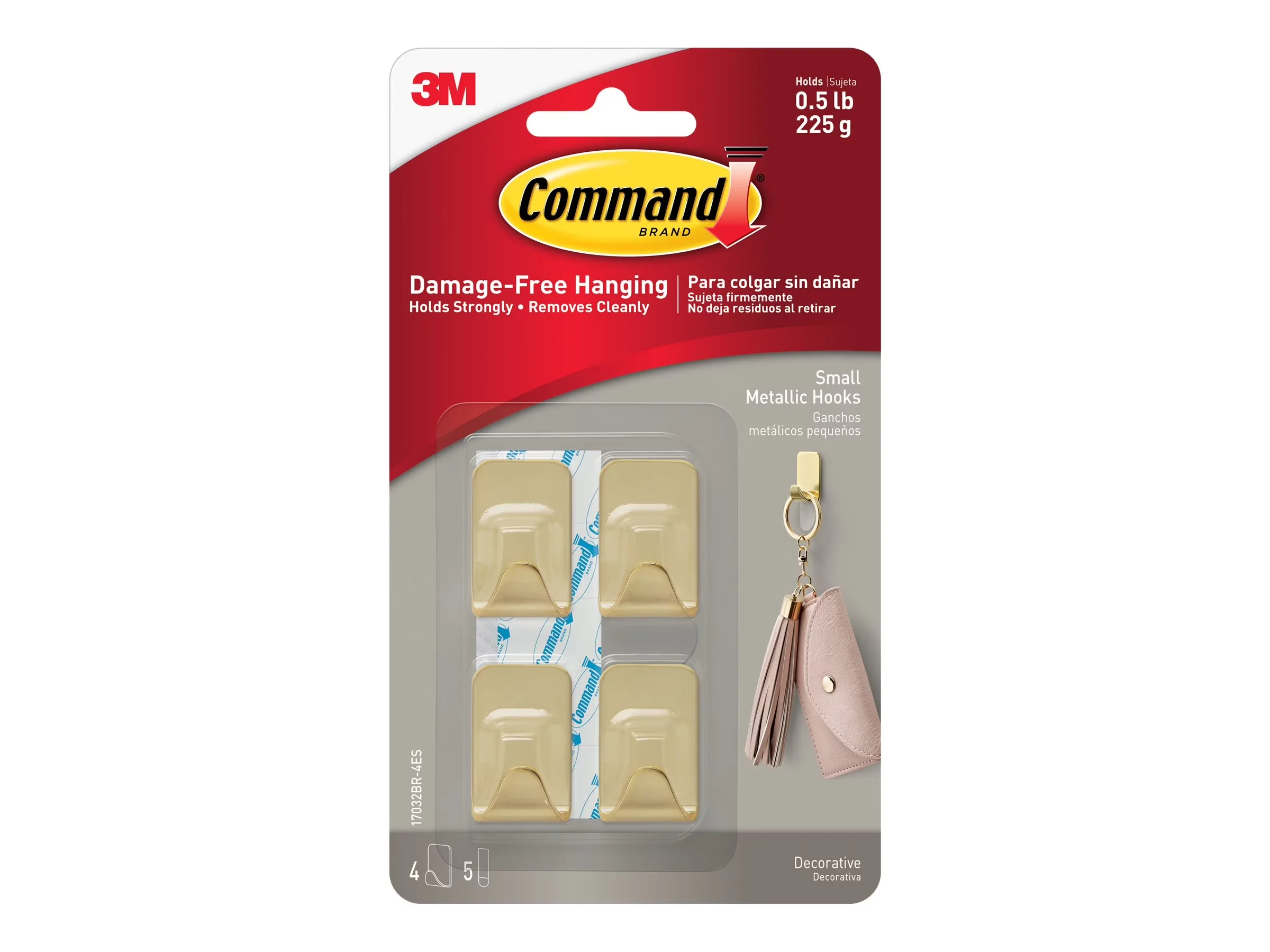 Damage-Free Hanging Compact with Easy Installation, 4 Pack, 0.5 lb Capacity - Metal Gold Model 48EC83