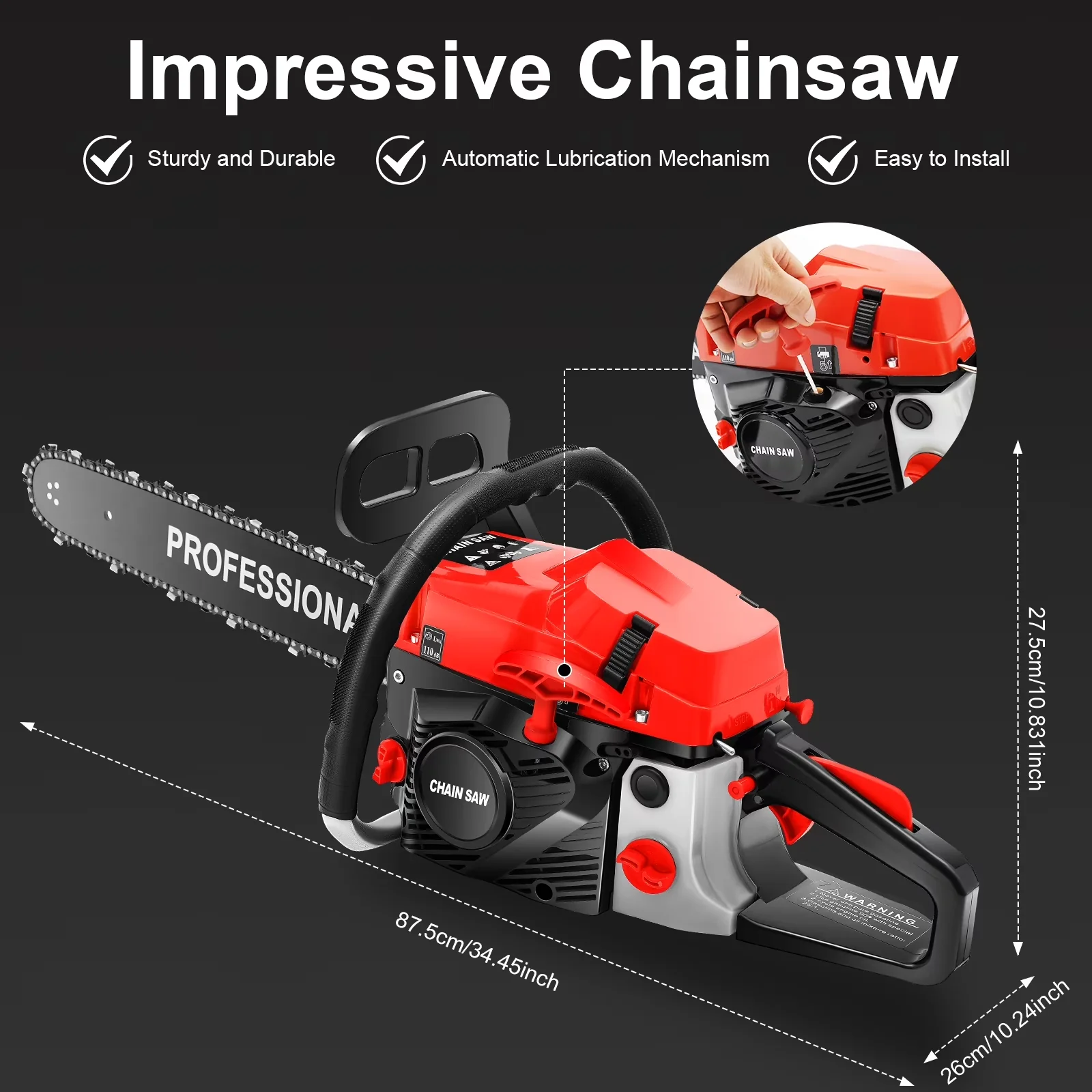 Classic Chainsaw with Chain Brake, 2.6KW Power Engine - Red - Residential Grade Model 661792
