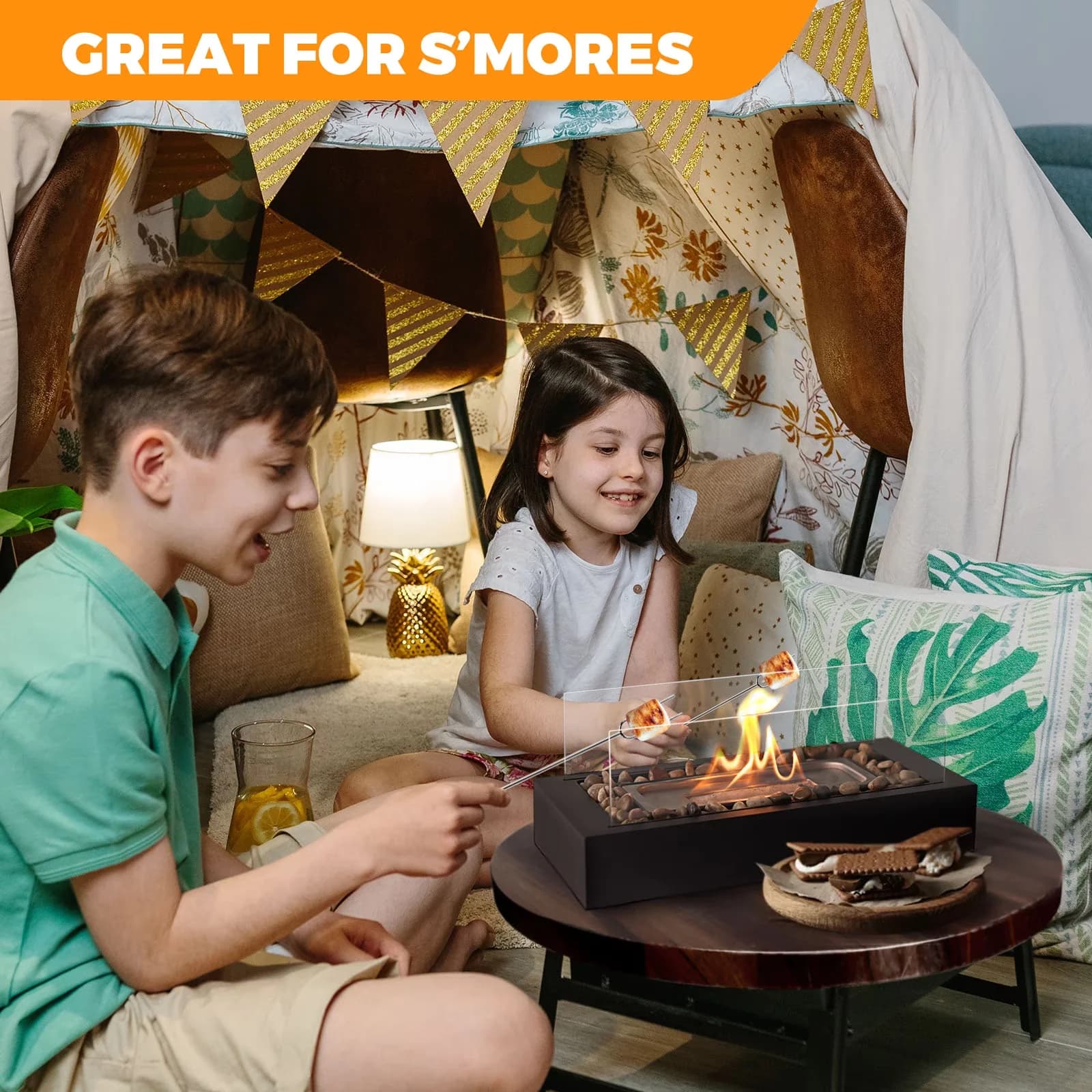 Efficient Outdoor Heating with Portable, Smokeless, Rectangular Tabletop Fire Pit - Metal, Glass Beige for Patio Model 494E10
