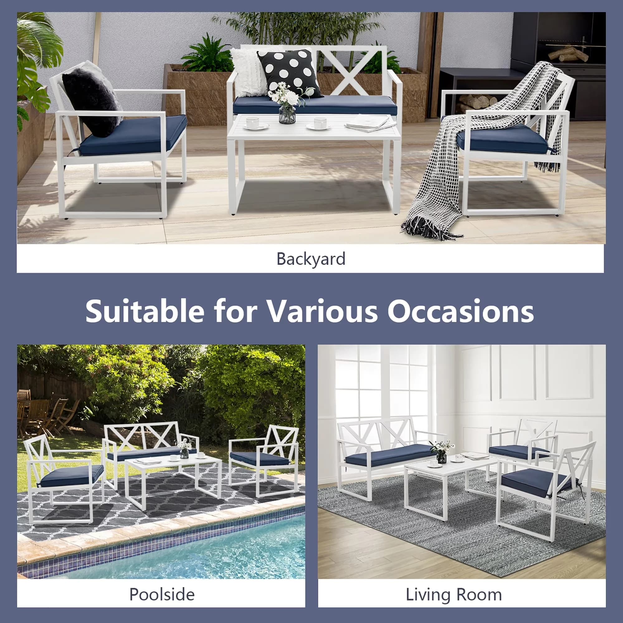 Classic Patio Dining Set with White/Blue, Conversation Sofa 4 Piece Steel, polyester sponge - Steel, Polyester, Sponge White/Navy Model 0E7F7A
