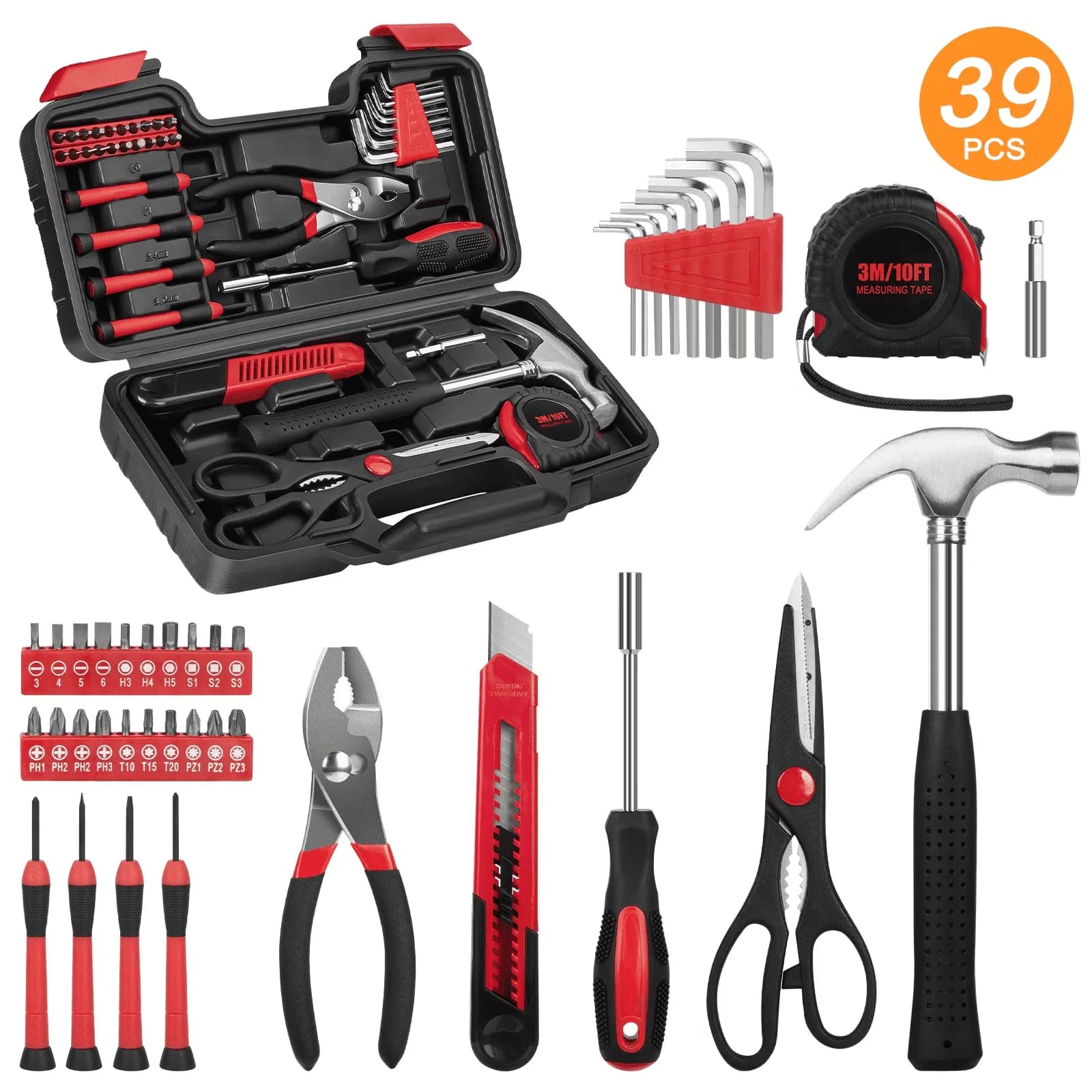 Essential Hand Tool Set with 39 Piece Sets All Purpose Household Kit, Toolbox Great - Red Model AB6D6C