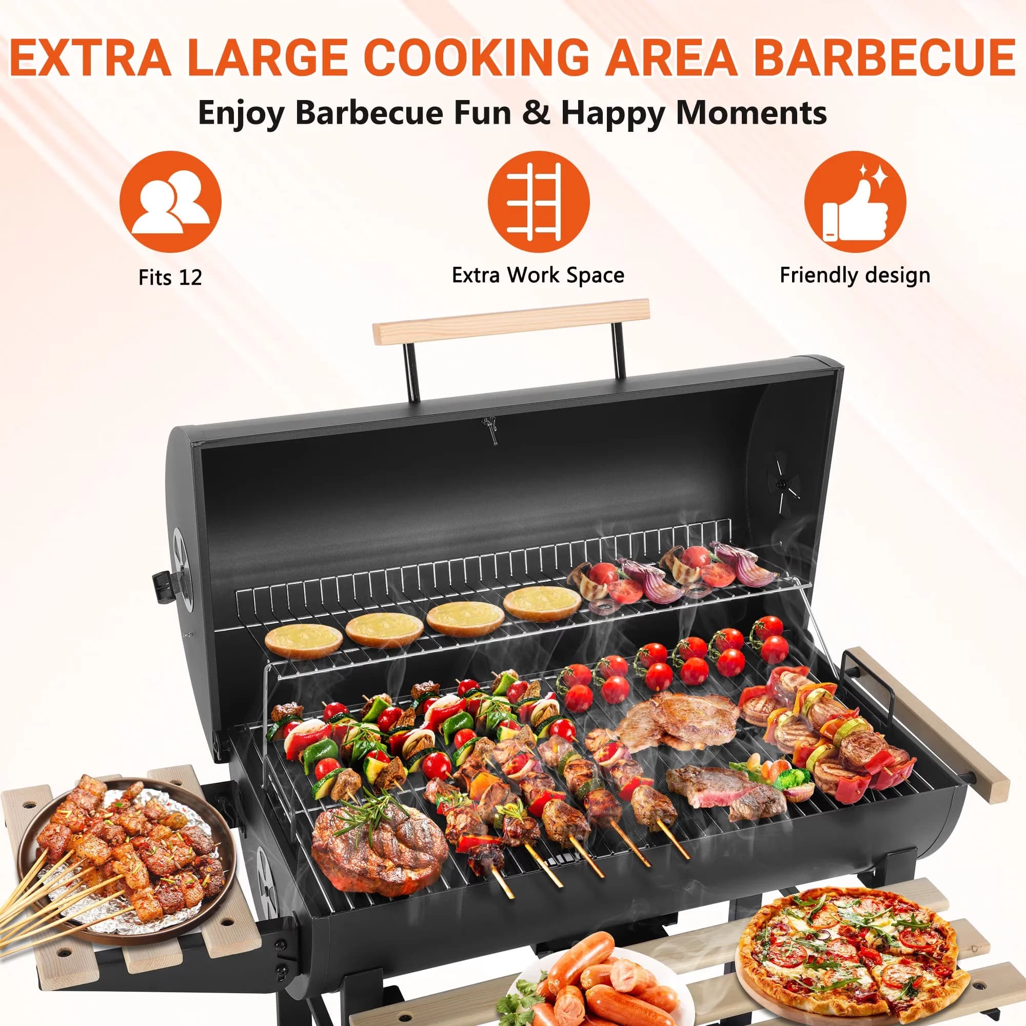 Innovative Charcoal Grill with Heat Thermometer, Thermometer & Large Cooking Space, Smoker - Steel for Camping, Picnic Model 90FFDE