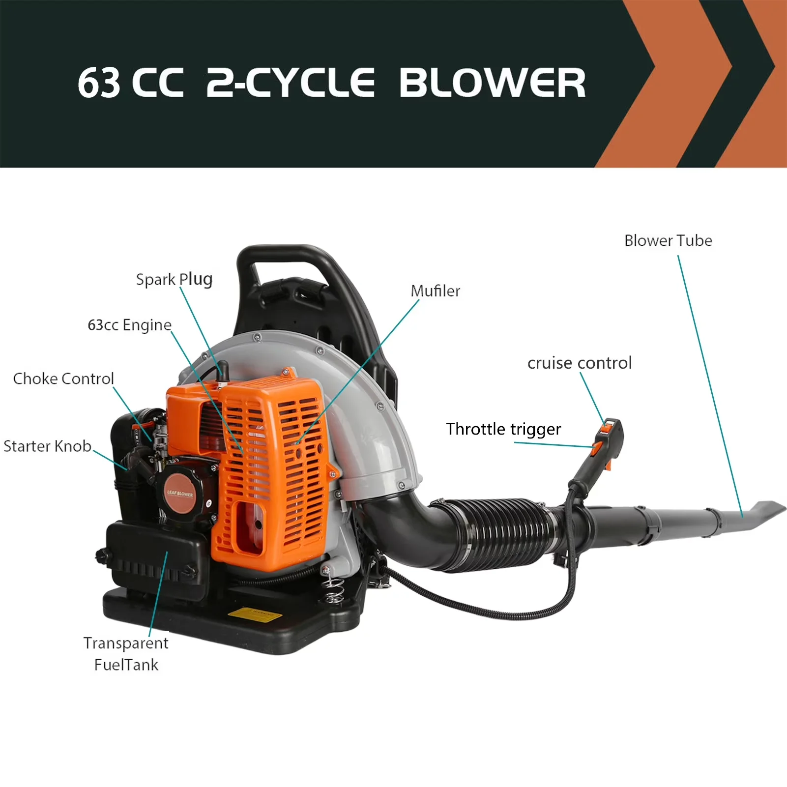 Reliable Leaf Blower with EB650 63CC Gas Backpack, 665 CFM Gas Powered - Model 0E374D