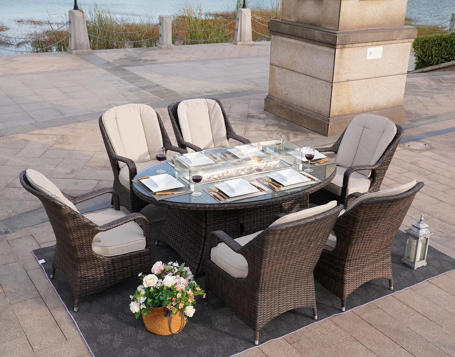 Essential Patio Dining Set with Brown, 50,000 BTU burner with pre-attached Hose, Stainless steel fire bowl and burner - Brown Wicker... Model 1E5F63