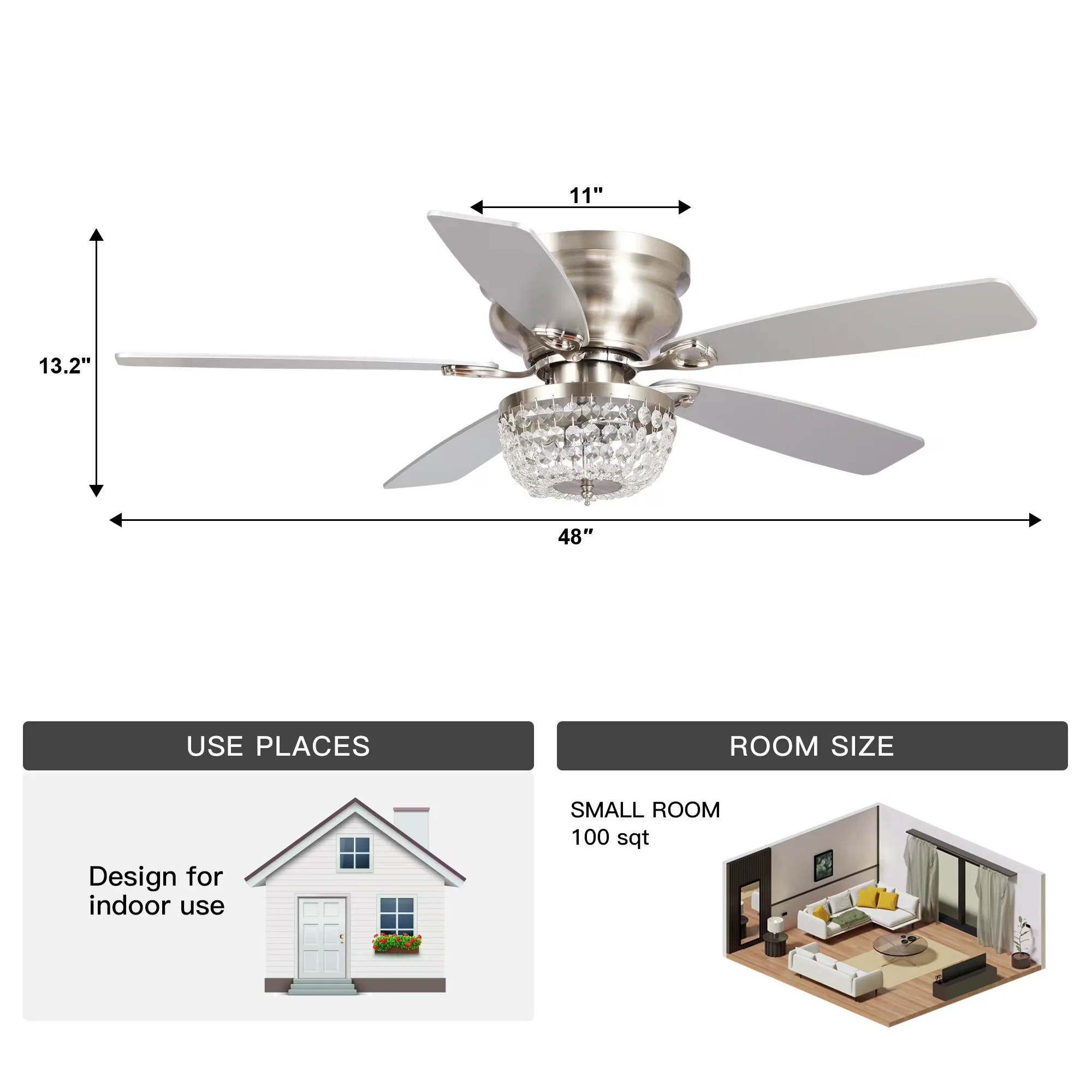 Ceiling Fan Premium with Incandescent, Energy Efficient, Contemporary - Crystal Silver Model 7AFF38