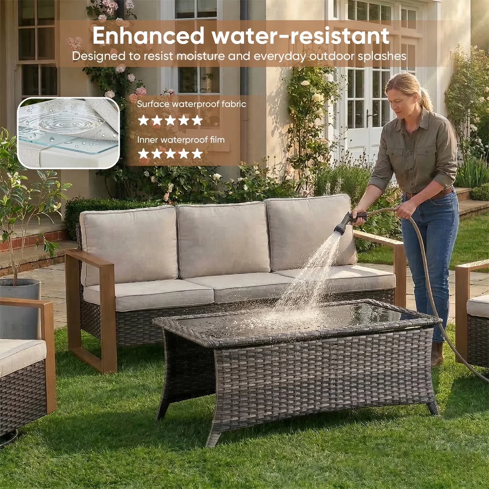 Compact Patio Conversation Set with Weatherproof, Reclining, 6 Pieces Furniture Sets - Olefin;Ployester;Wicker;Stainless Steel Brown Model C48B06