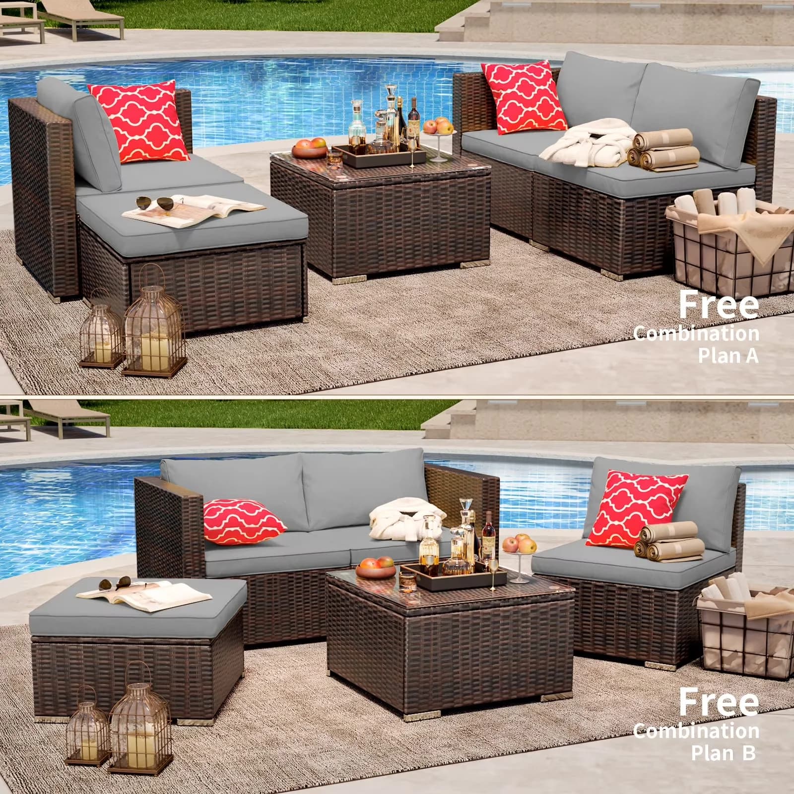 Patio Conversation Set Sleek with Reclining, 5 Pieces Outdoor - Rattan,Metal,Tempered Glass Model C23704