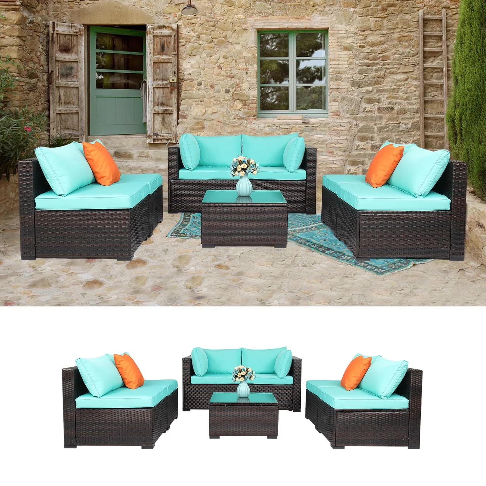 Outdoor Sofas Sectional Classic with Removable Cushion Cover, Contemporary - Red Pe Rattan Iron Sponge Polyester Cloth Tempered Glass... Model 37AFD9