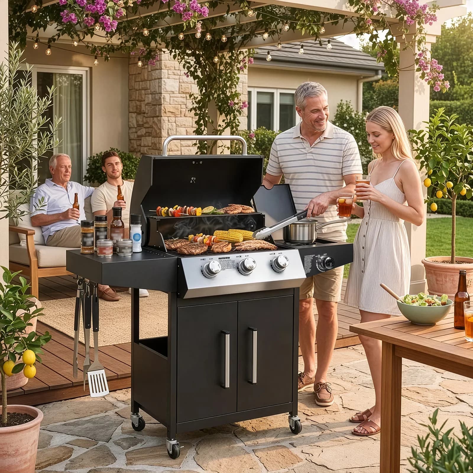 Gas Grill Professional with 46000 BTU, Portable, Side Stove - Metal Black for Patio, Outdoor Model 9B3C69
