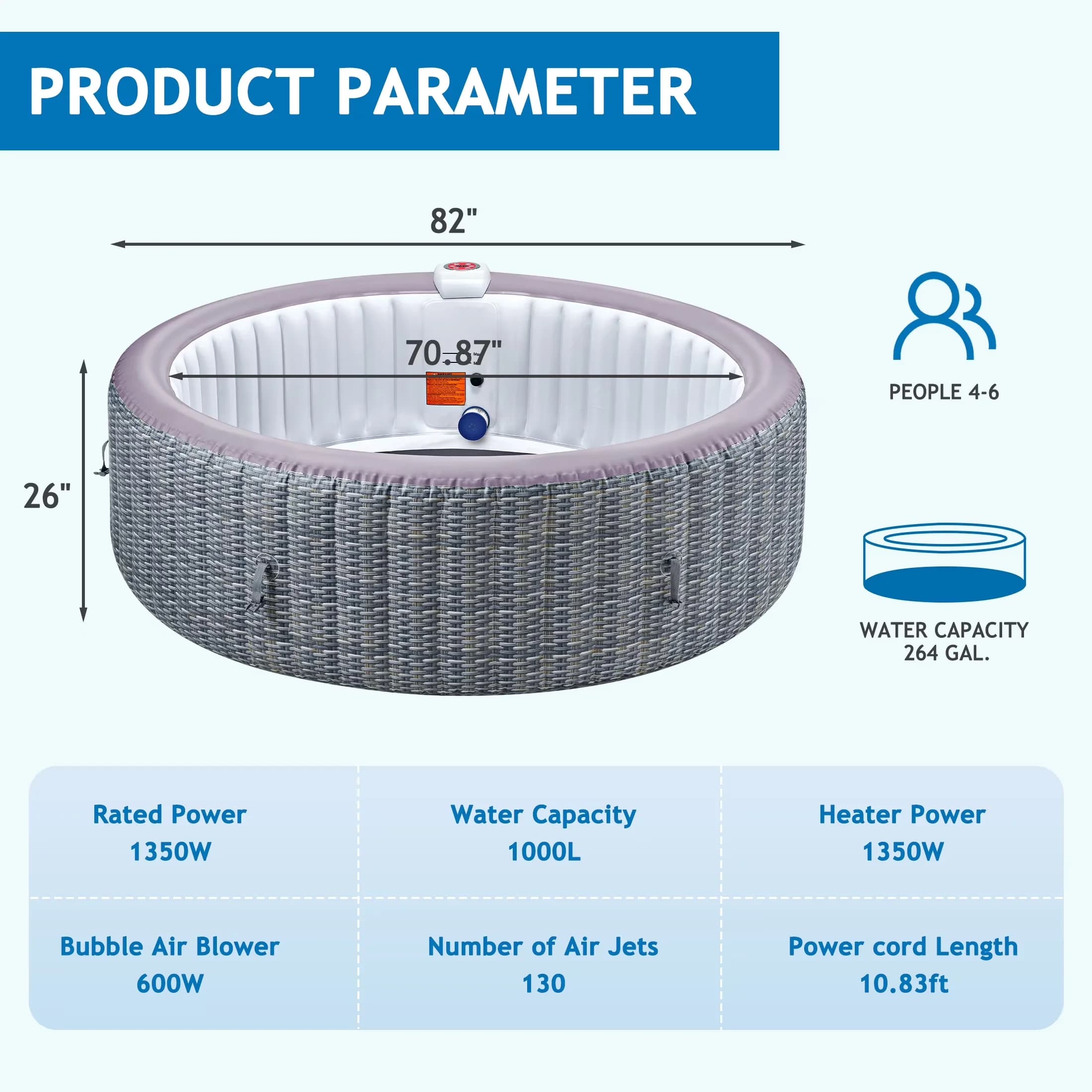 Compact Hot Tub with Inflatable, Outer diameter: 73 inches, 4-6 Person Inflatable - Gray Model 460699