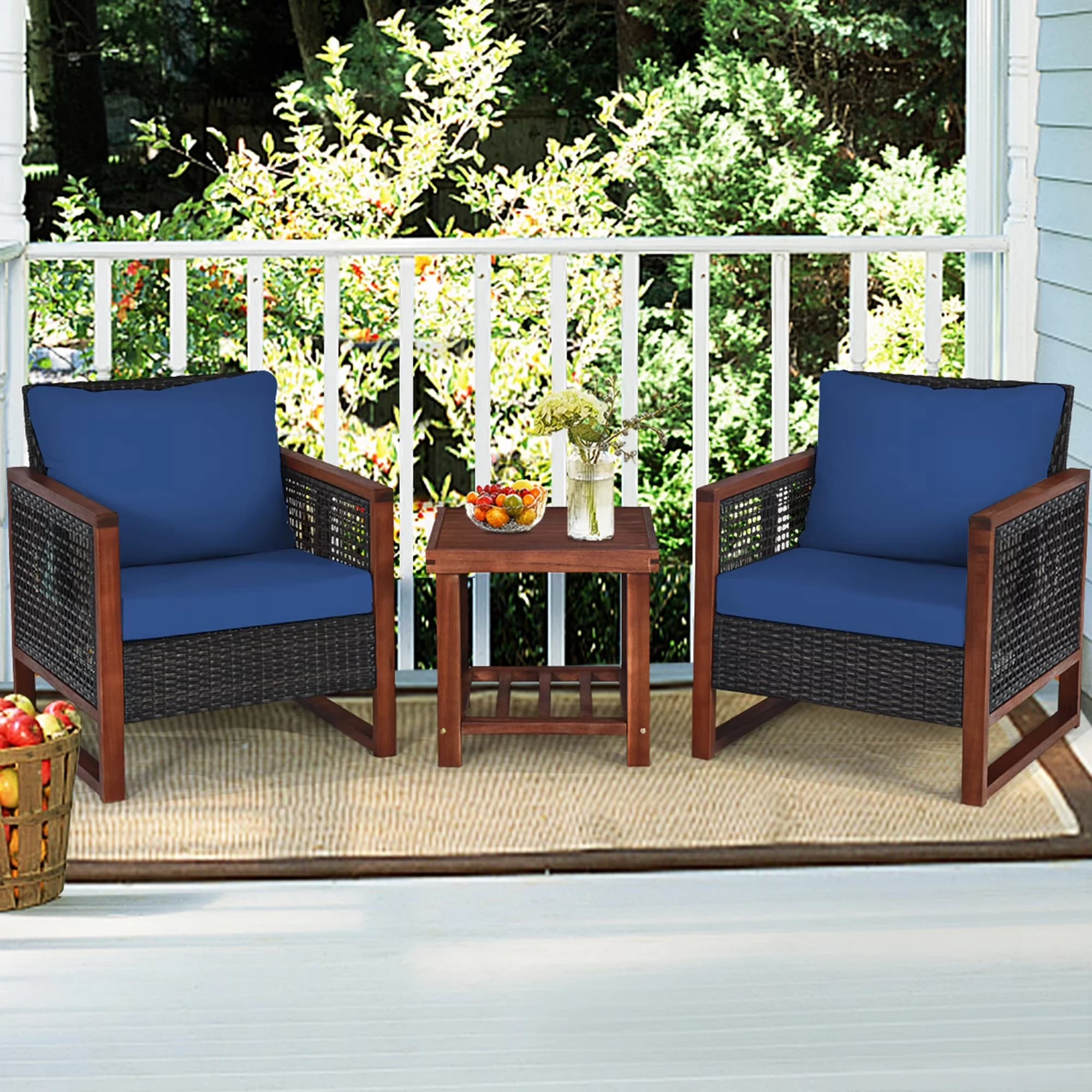 Premium Patio Conversation Set with Weatherproof - Blue Rattan 3PCS - Sleek Profile Model 78727F