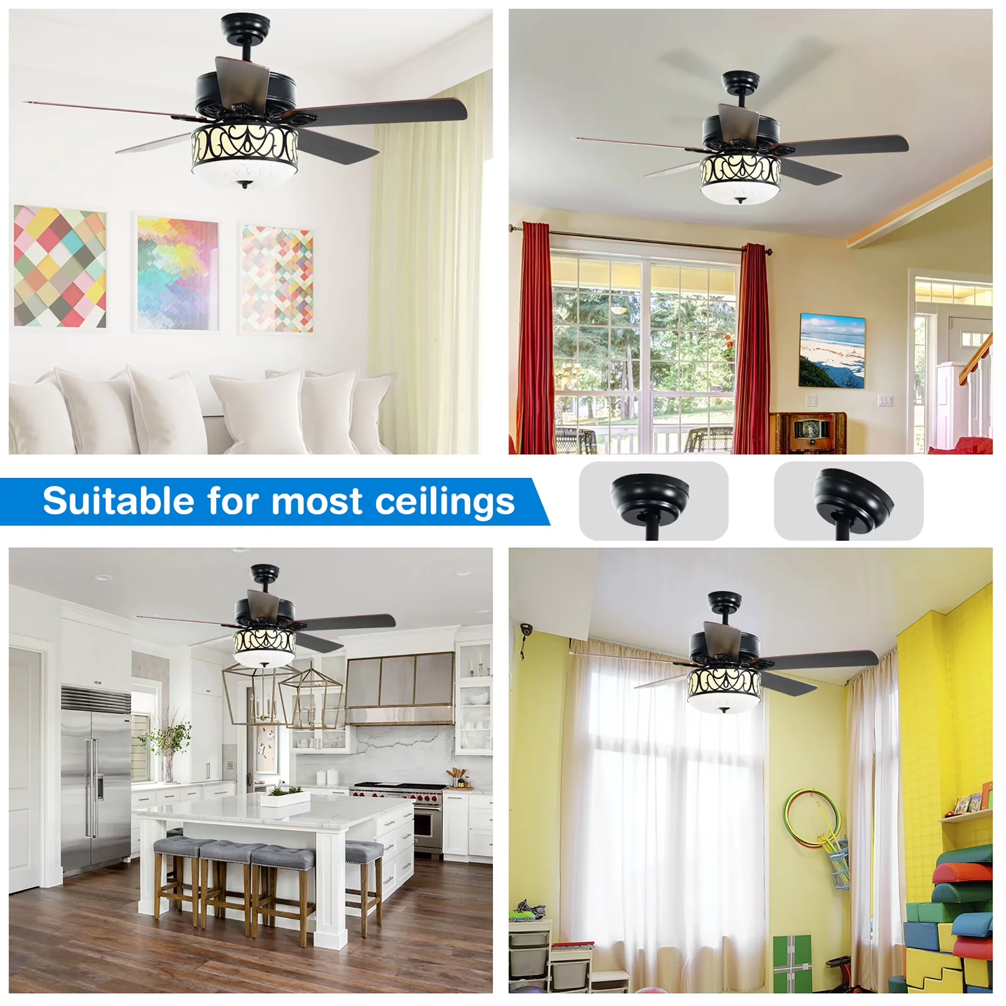 Professional Ceiling Fan with Incandescent, Modern - Glass Black Light Model 4B95D2