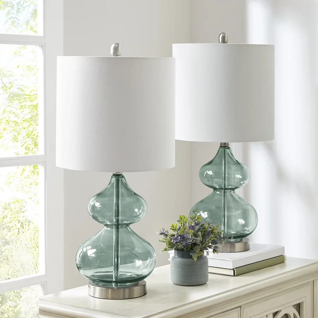 Durable Lamp Set with Transitional, White Shades, Transitional Style - Glass, Iron Blue, White, Multicolor Model 0C0EAC