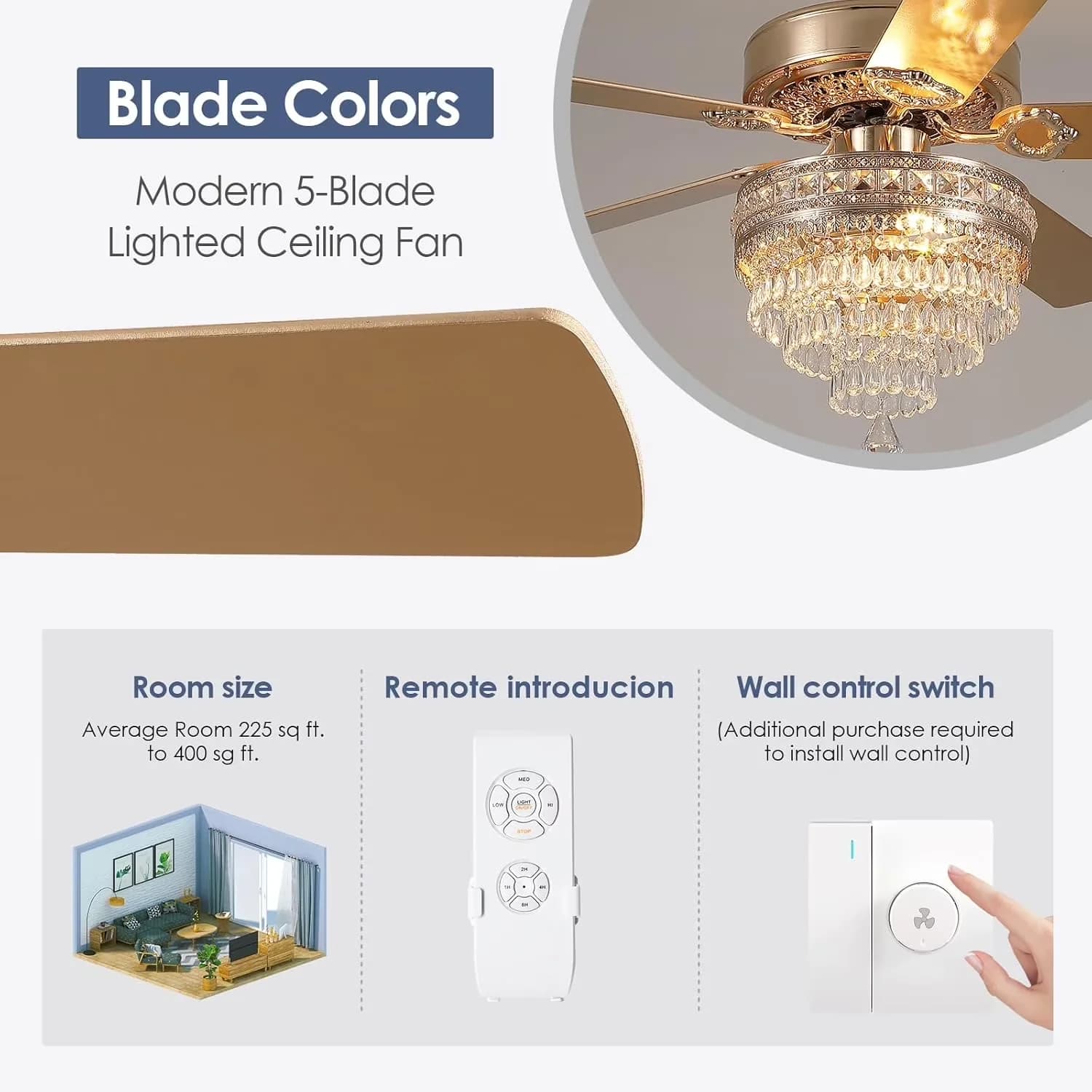 Ceiling Fan Stylish with LED, Energy Efficient - Gold Engineered Wood for Living Room Model CECD38