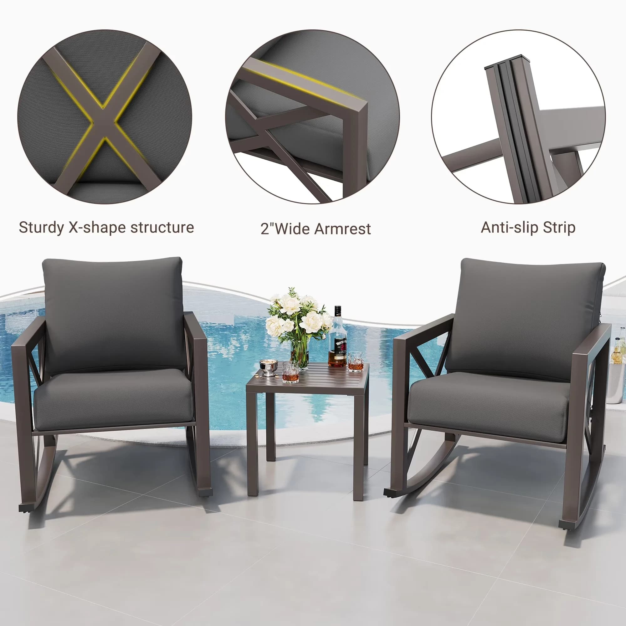 Patio Dining Set Modern with Waterproof, Rocking Chair Bistro, 3 Piece Outdoor Furniture - Model 4DB0B3