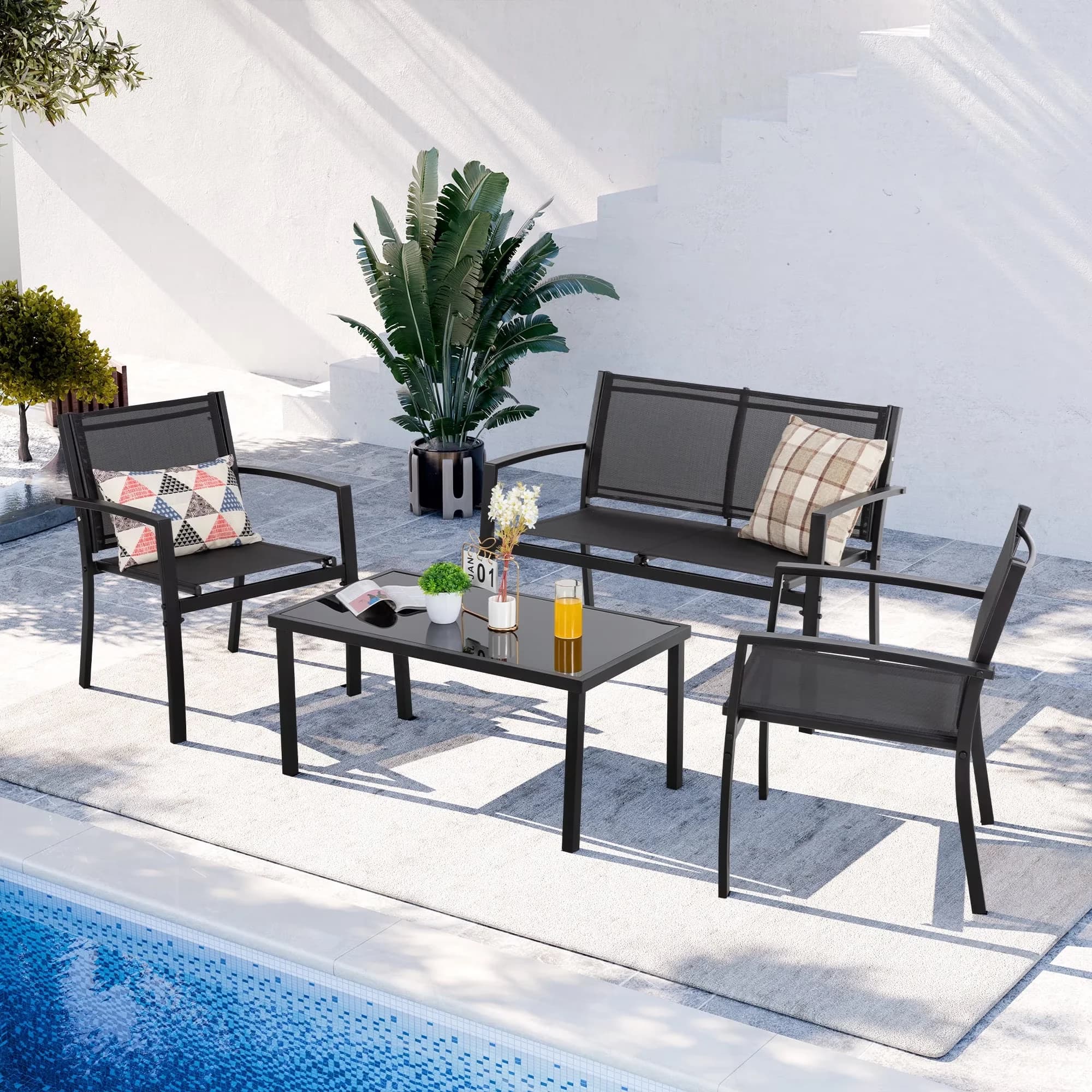 Compact Patio Dining Set with Weatherproof, Furniture Bistro, Loveseat ea Table - Black Model BE58E2