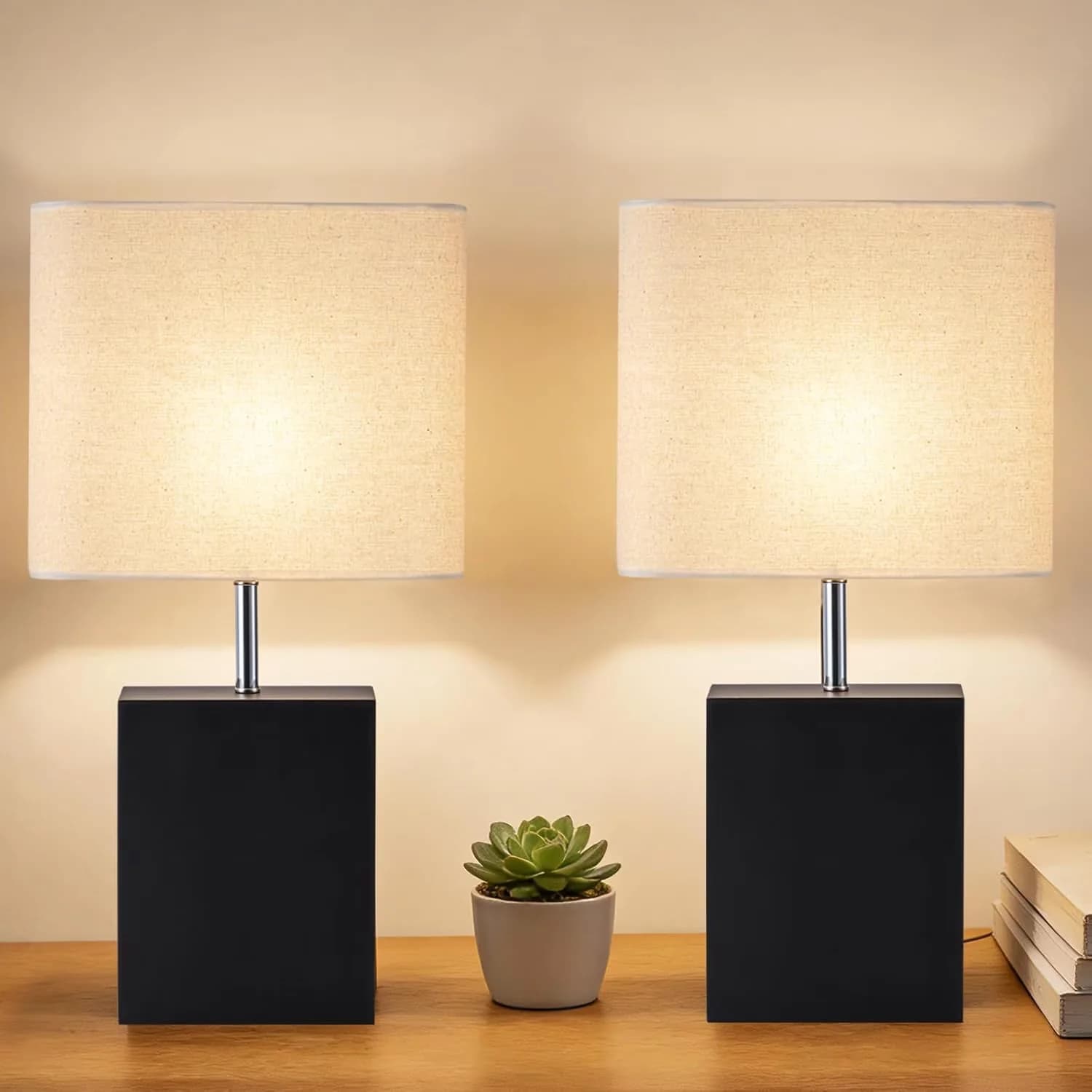 Sleek Lamp Set with High Output, 23" Wood Table of 2 - Beige for Living Room, Bedroom Model 414493