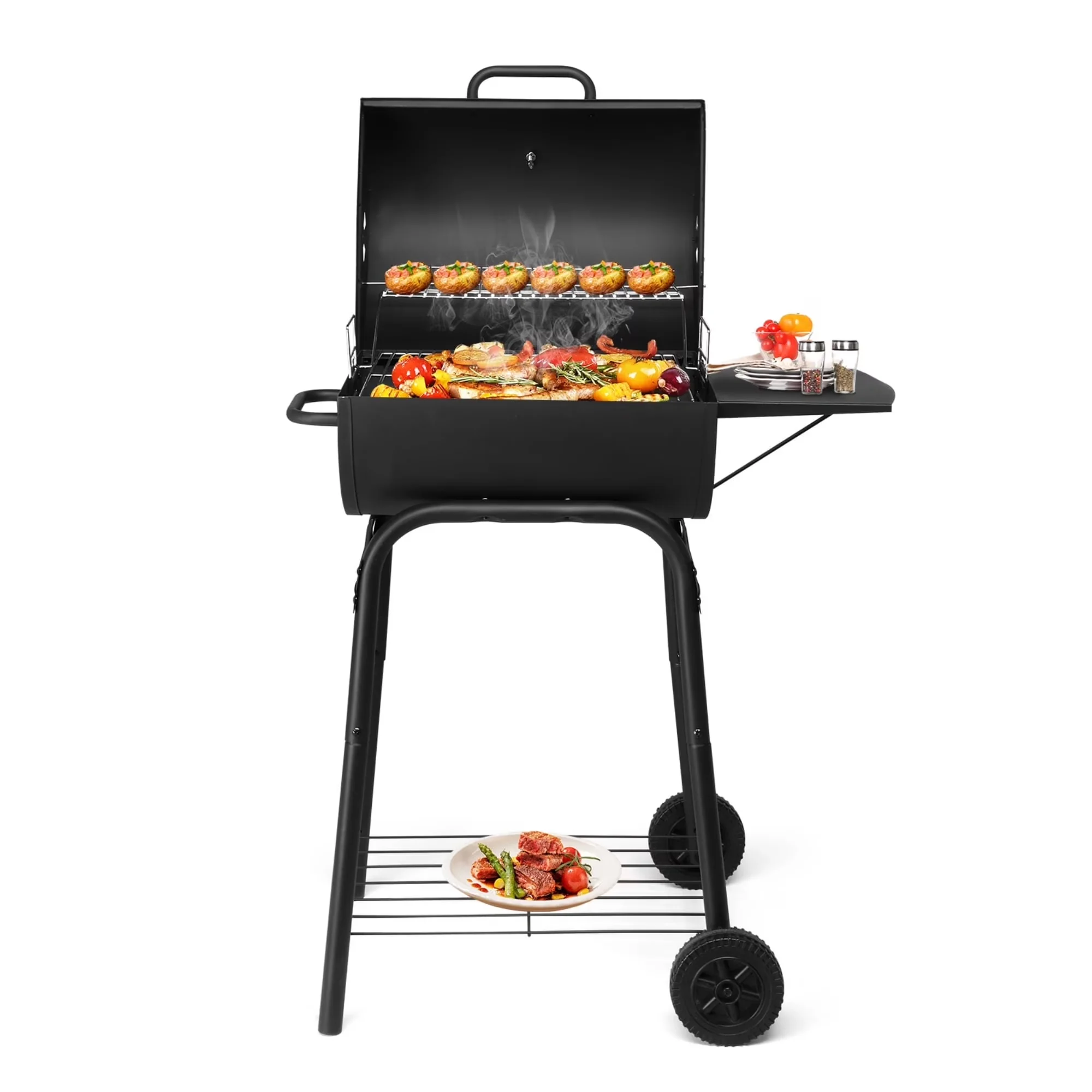Sleek Charcoal Grill with Portable, 34" Outdoor BBQ - Iron Black for Camping, Patio Model DCD6C7