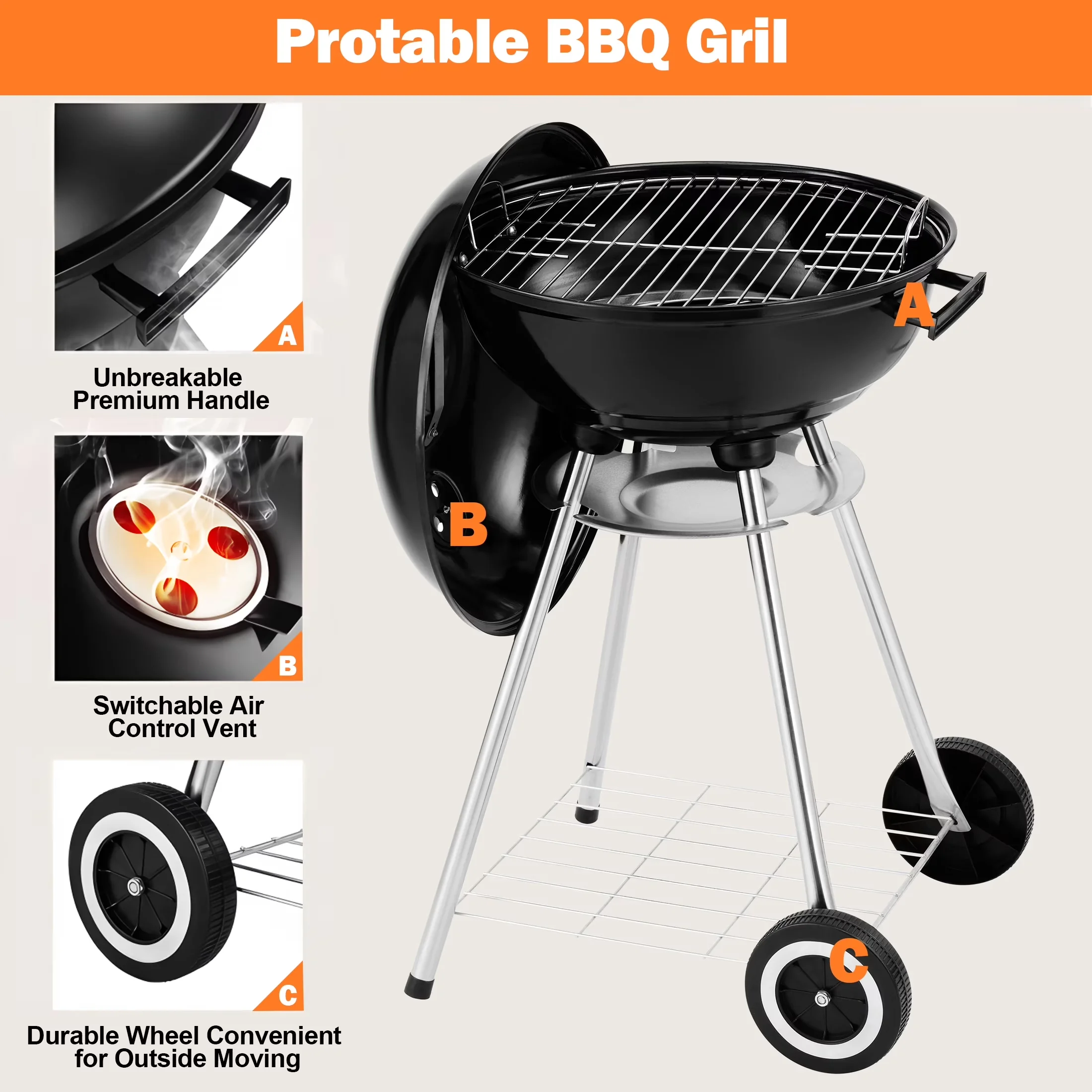 Versatile Charcoal Grill with Portable, BBQ - Steel Black 18 Inch - Quality Construction Model 0C2CD3