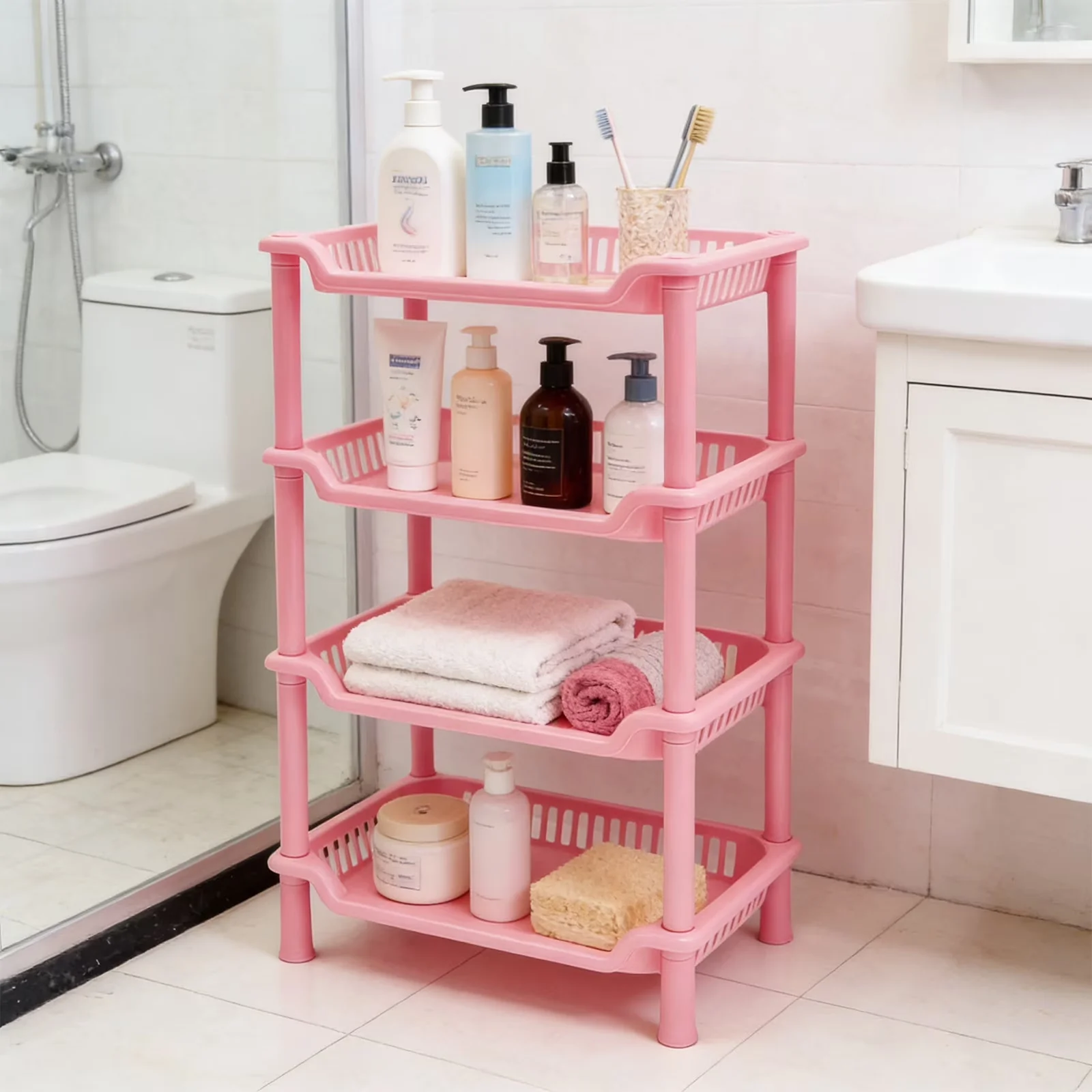 Garage Storage Supply Essential with Adjustable, Farmhouse, Pink Stackable Spice Rack - Pink Plastic for Bathroom, Office Model F7BDCF