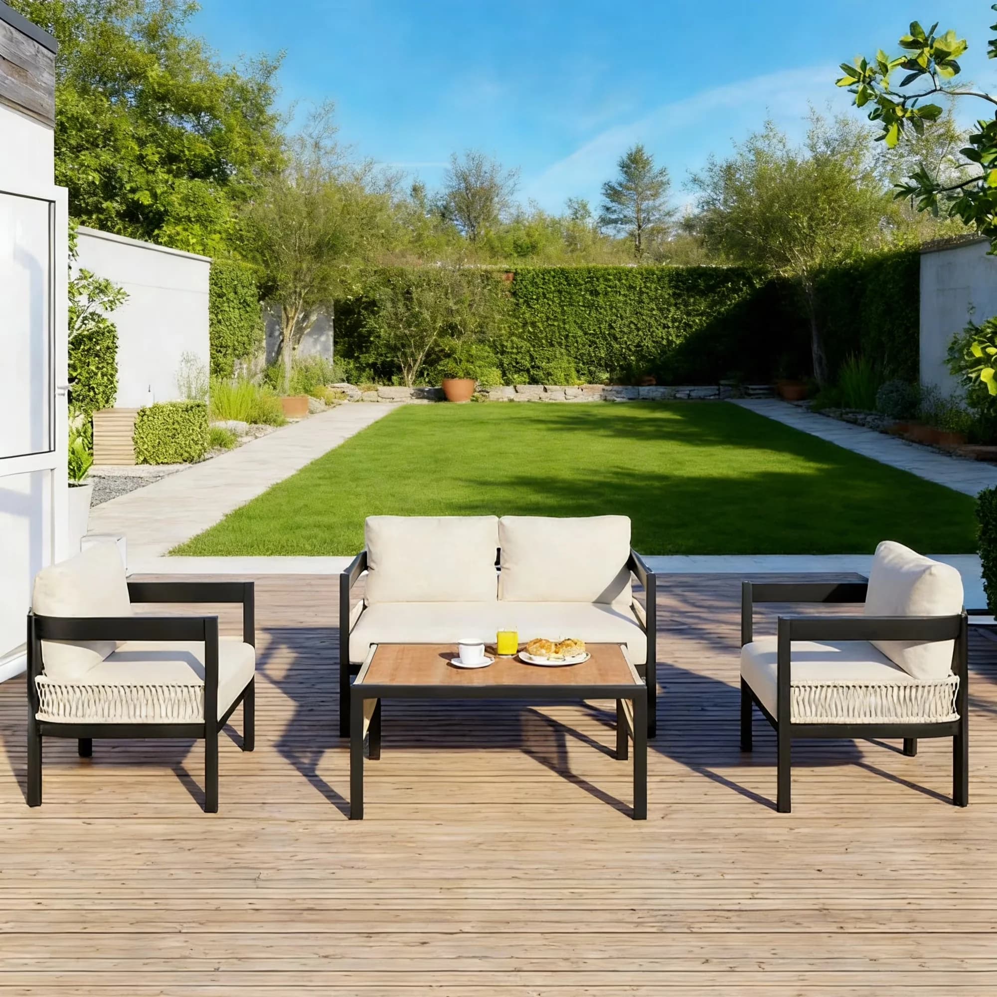 Patio Conversation Set Essential with Weatherproof, 4-Piece Furniture, wooden Table & Waterproof Cushions - Beige Iron+Rattan+ Polyester Model 028F43