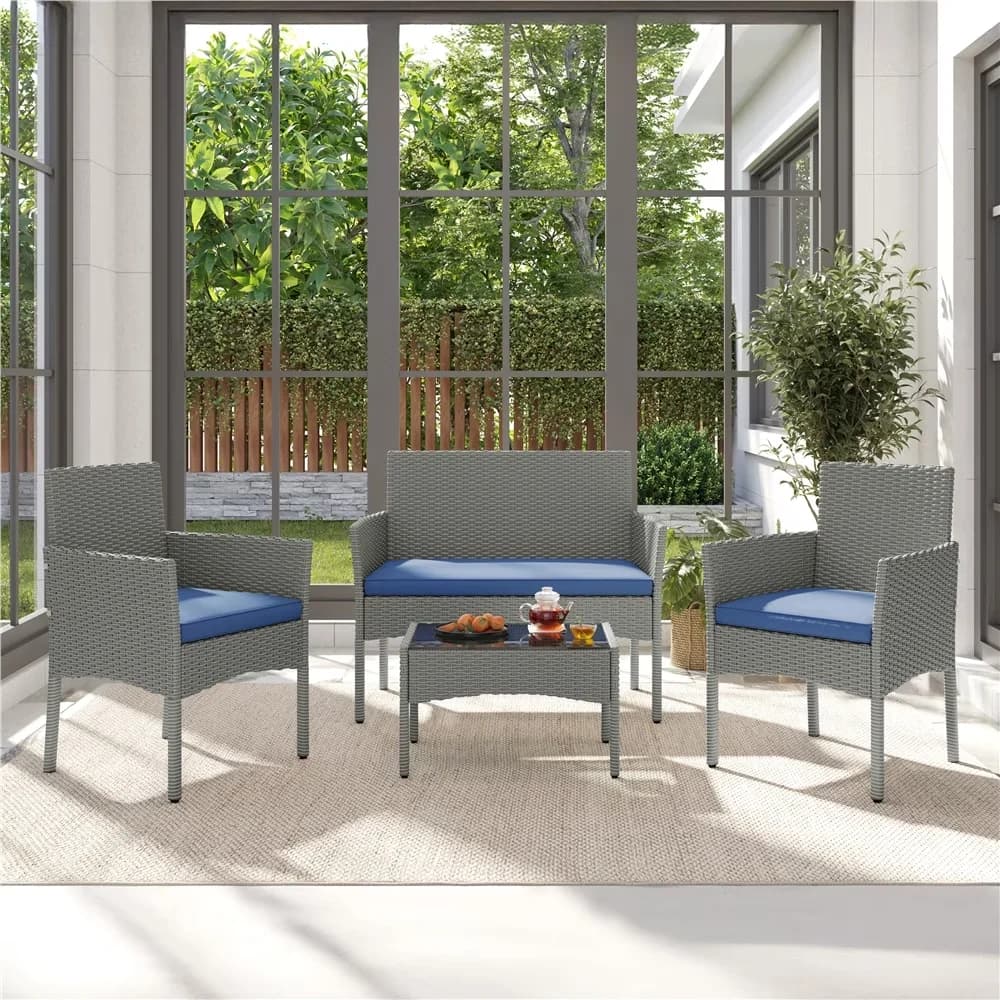 Quality Patio Conversation Set with Weatherproof, Color: Gray/Dark Blue, Gray/Dark Blue - Iron, Pe, 180G Polyester, Foam, Tempered... Model 294EDF