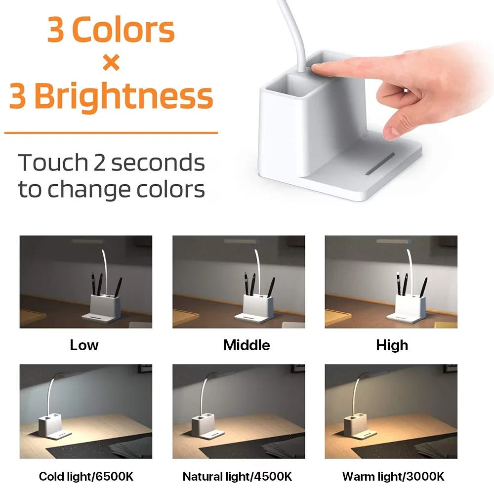 Desk Lamp Sleek with LED, Battery, Organizer - White Wood, Plastic, Acrylonitrile Butadiene Styrene for Office, Home Model FCE035