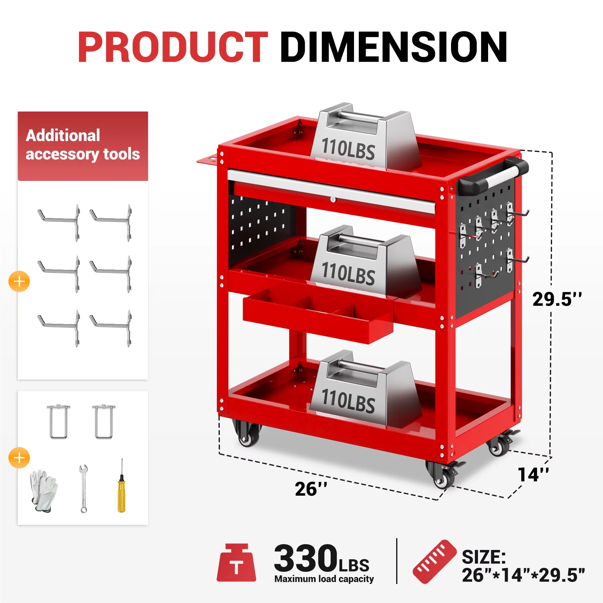 Durable Toolstorage with Rolling, Industrial, 330 lbs Capacity - Red Alloy Steel, Plastic for Garage Model BF6F13