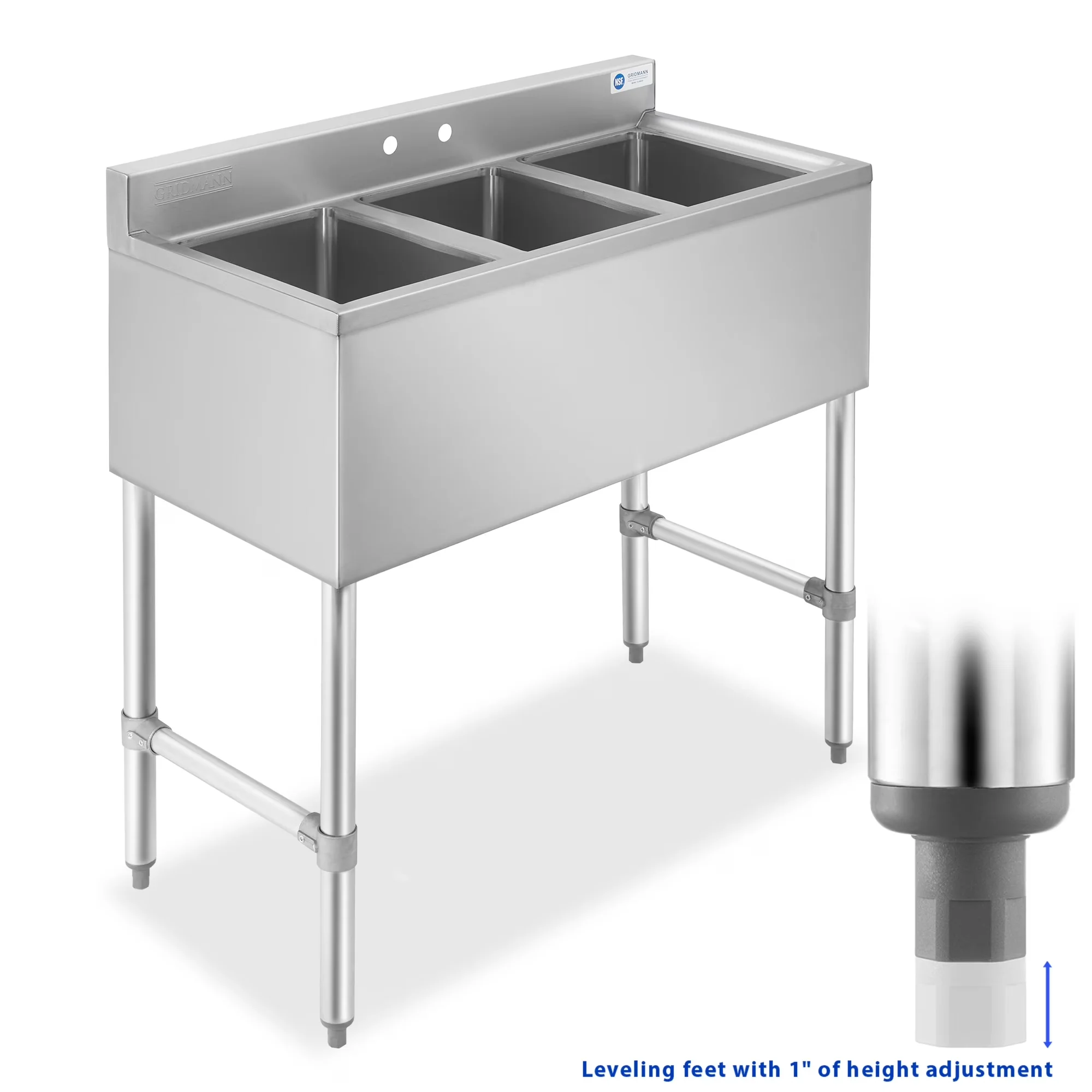 Innovative Kitchen Renovation with Adjustable, 3 Compartment Stainless Steel Bar Sink, Galvanized Steel Legs with Cross Bars - Silver... Model A76444
