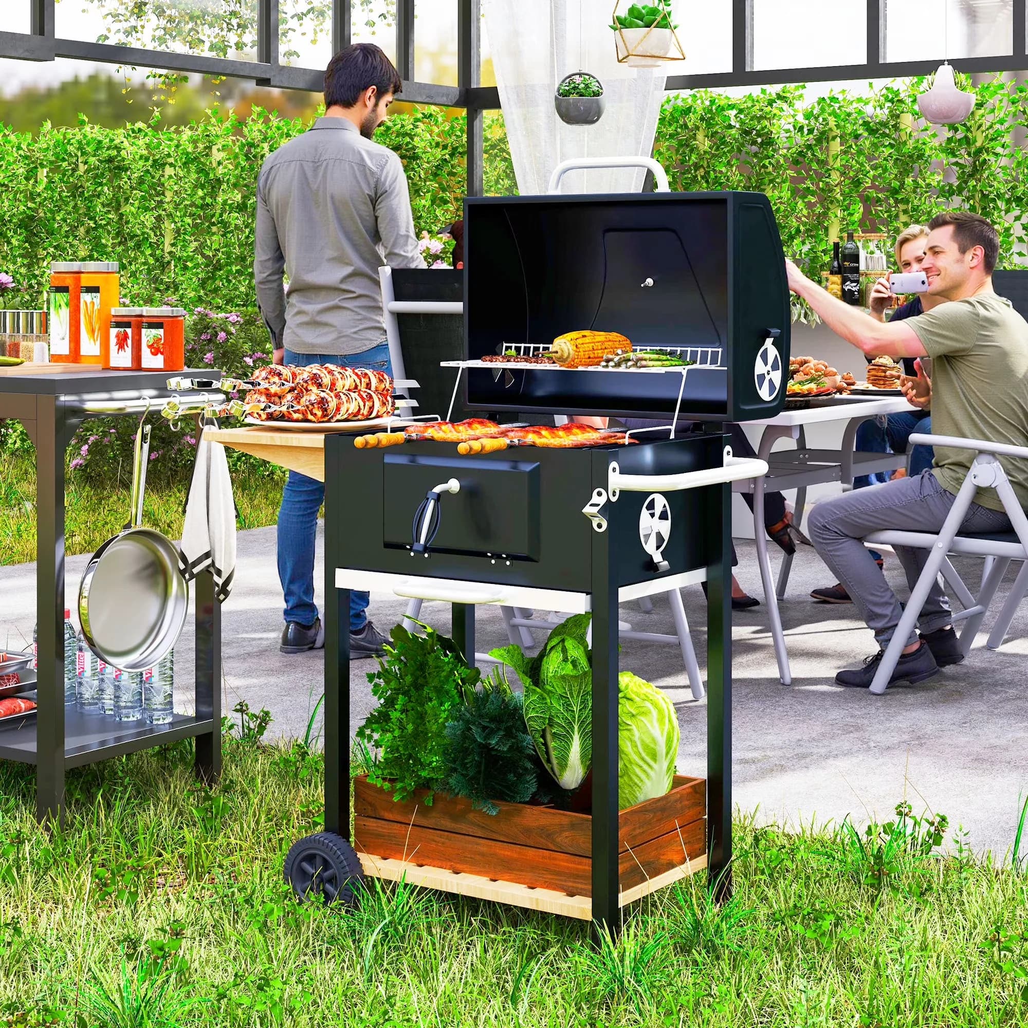 Professional Charcoal Grill with Portable, Color: Black, Nature Wood - Steel, Stainless Steel Black Model E52073