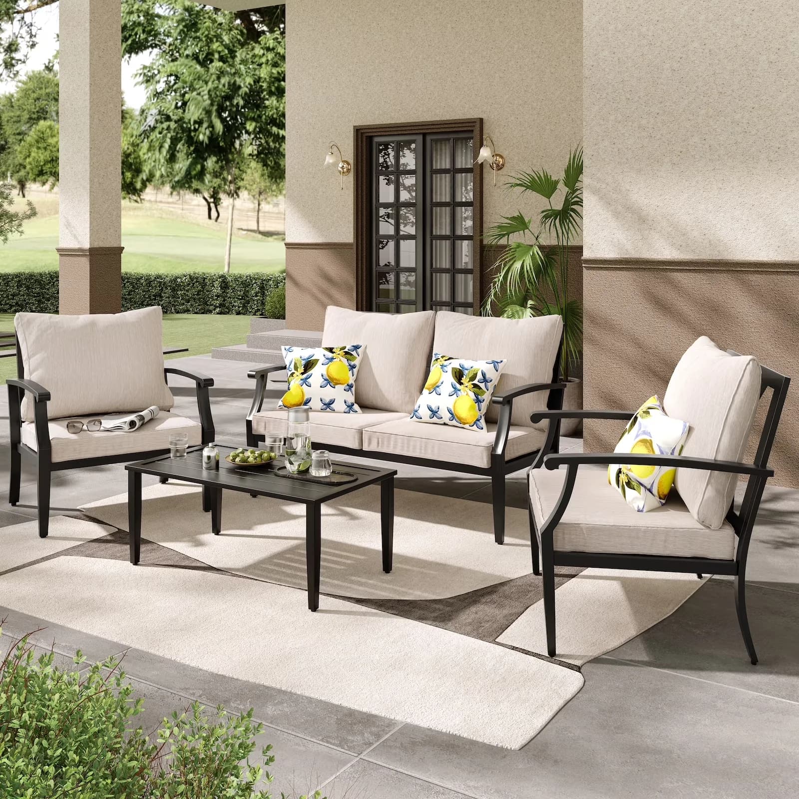Essential Patio Conversation Set with Reclining, Coffe Table, Outdoor Metal Sofa - Model 8F113E