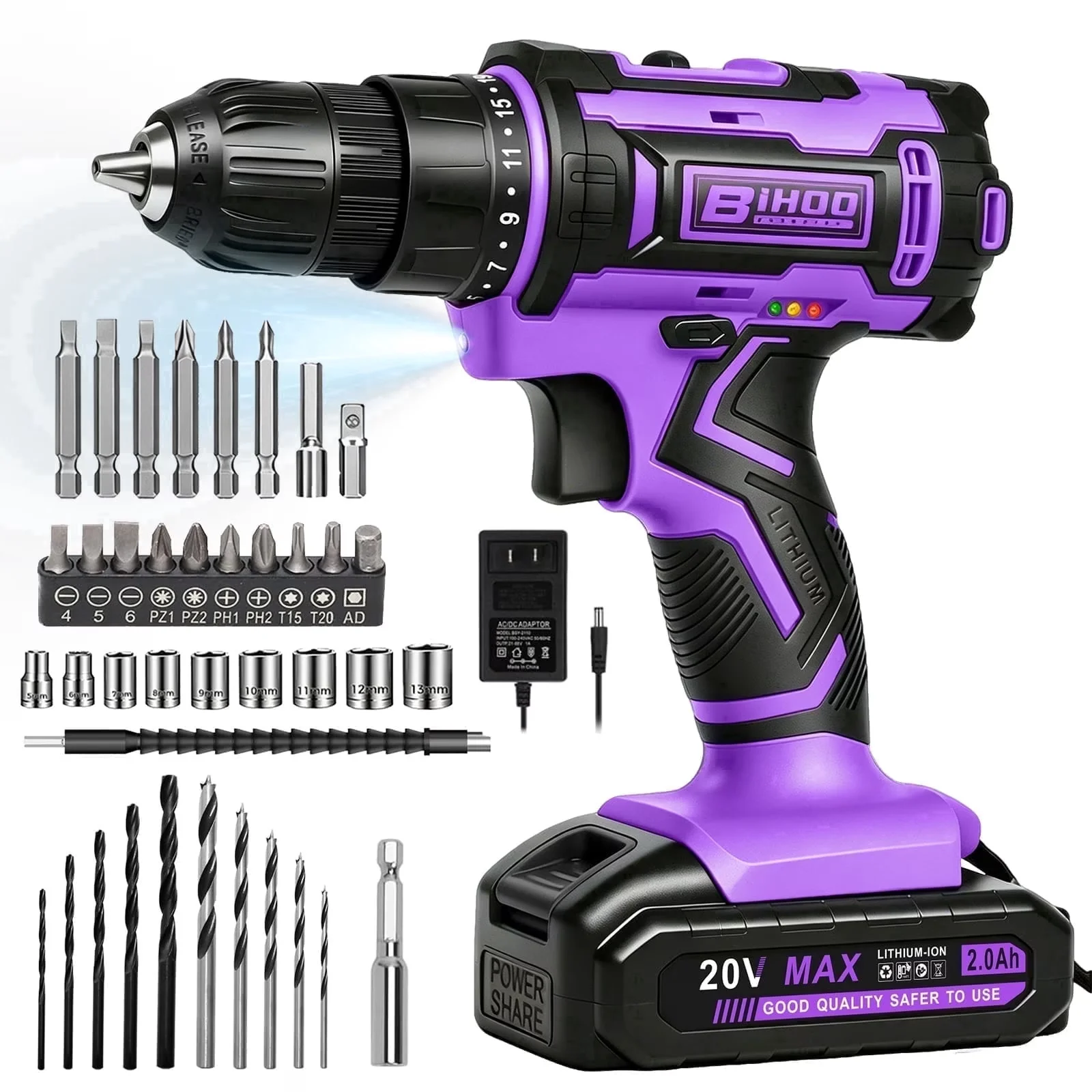 Compact Drills Driver with Battery, 20V, 20V Purple Power Drill - Purple 3/8 in Model E8619A