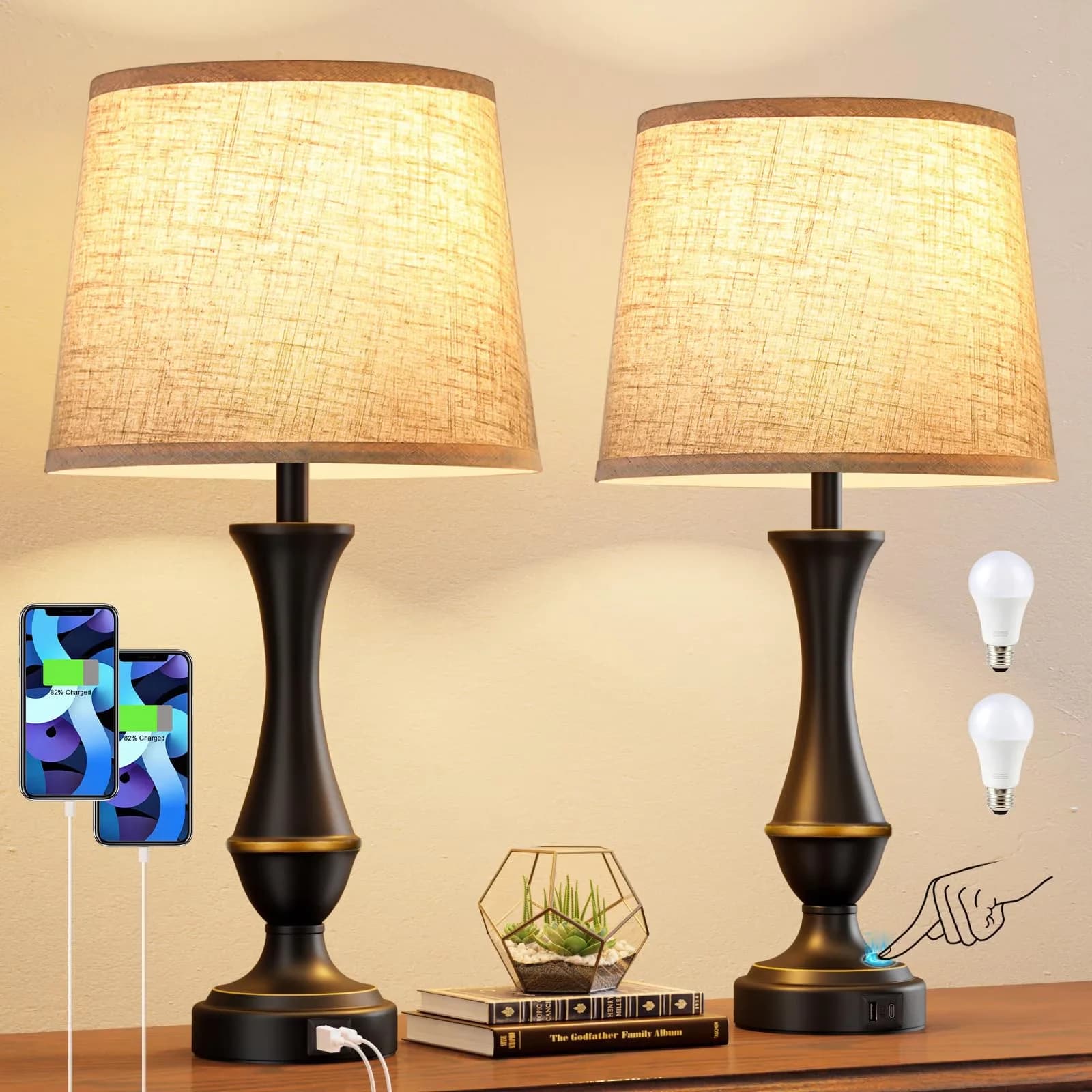 Premium Lamp Set with Touch Sensor, Traditional, Upgraded Touch Lamps - Black Plastic Model 294244