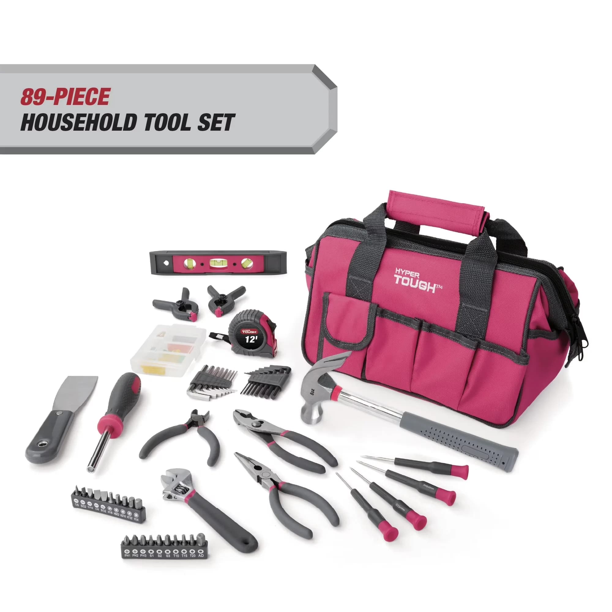 Reliable Hand Tool Set with Easy Set Up, Easy Installation, 89-Piece Household 12-Pocket Bag - Pink Model 9DD474