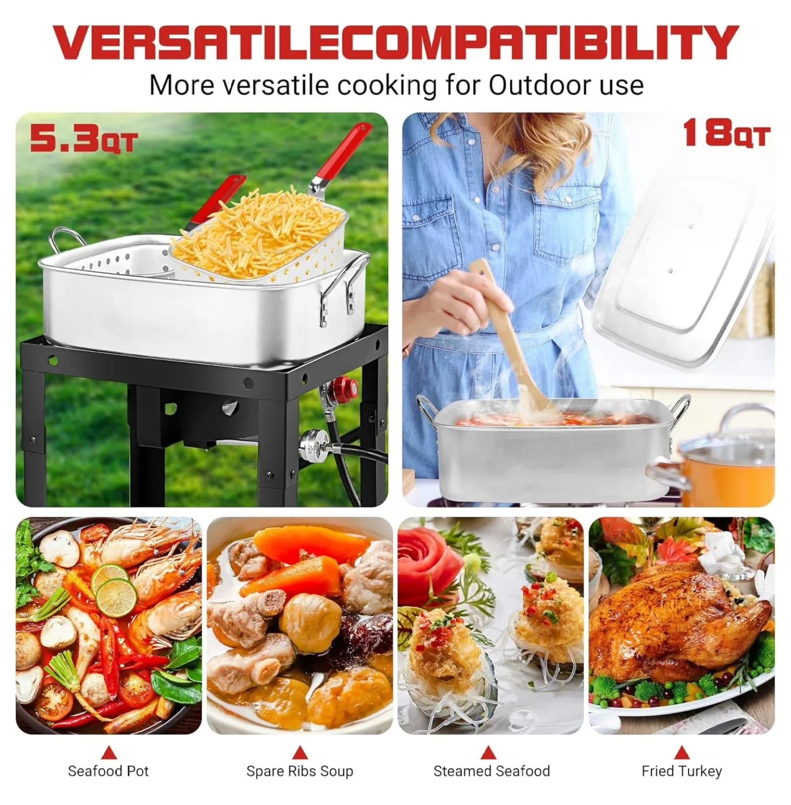 Compact Outdoor Fryer with High Grade Strainer Basket Aluminum Pot, Propane Deep, 18Qt Square Deep Pot - Brown Aluminum for Outdoor Model 7B5F38