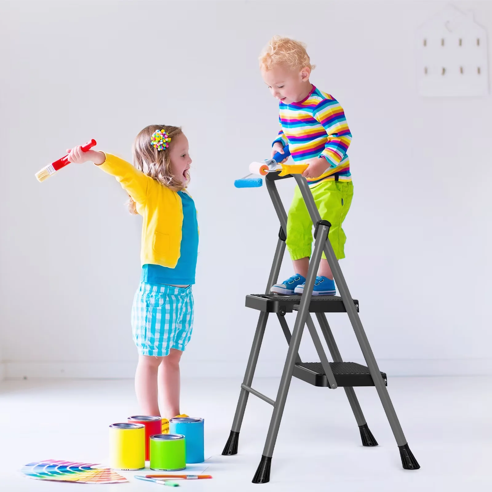 Ladders And Step Stool Compact with Foldable, Convenient Handgrip, Wide Anti-Slip Pedal - Gray Alloy Steel, Rubber Model 4D885A