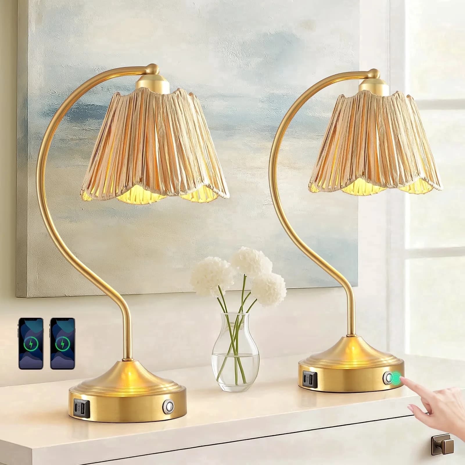 Table Lamp Compact with LED, Bedside Lamps, Touch Sensor - Gold Paper for Living Room Model 92E779