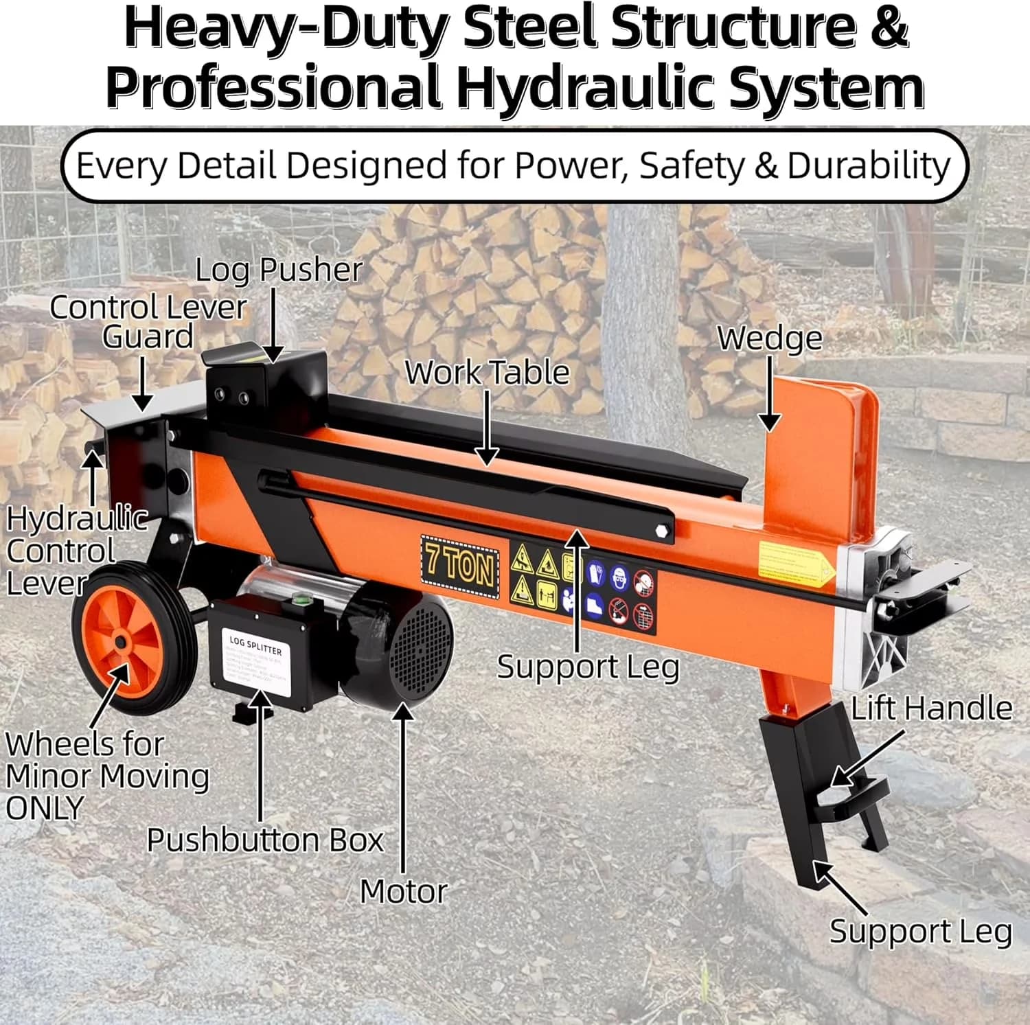 Efficient Logsplitter with Wheeled, 15Amp Hydraulic Portable Wood Splitter - Orange for Home, Garage Model 1E3768