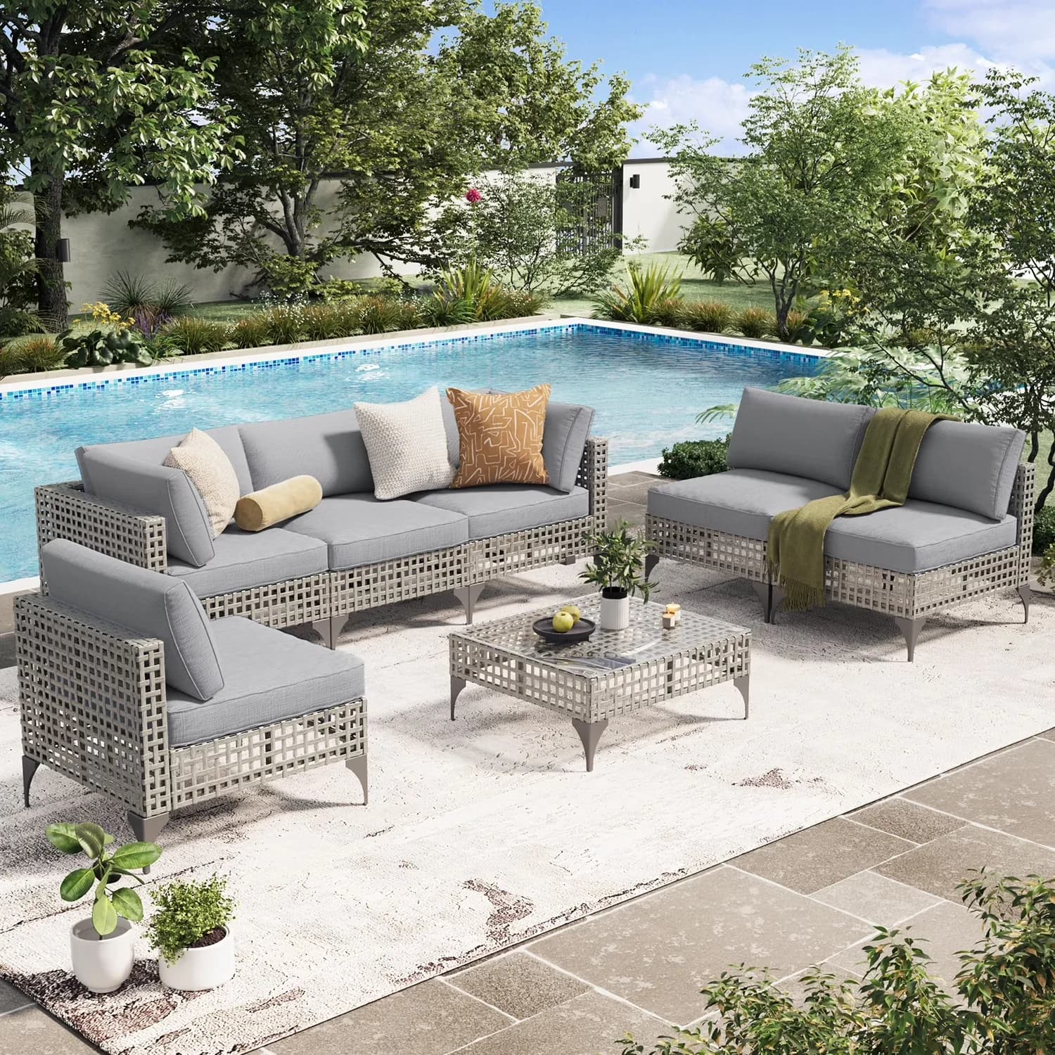 Innovative Outdoor Sofas Sectional with Weatherproof, Tea Table, 7-Piece Patio Furniture Set - Pe Rattan, Alloy Steel Model 9E4447