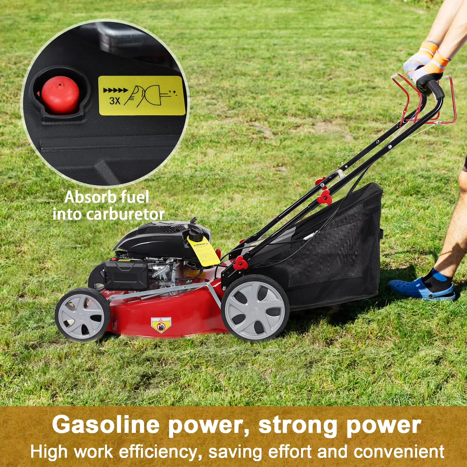 Push Mower Efficient with Folding Handle, 50L Grass Tank - Red for Garden Model A9F531