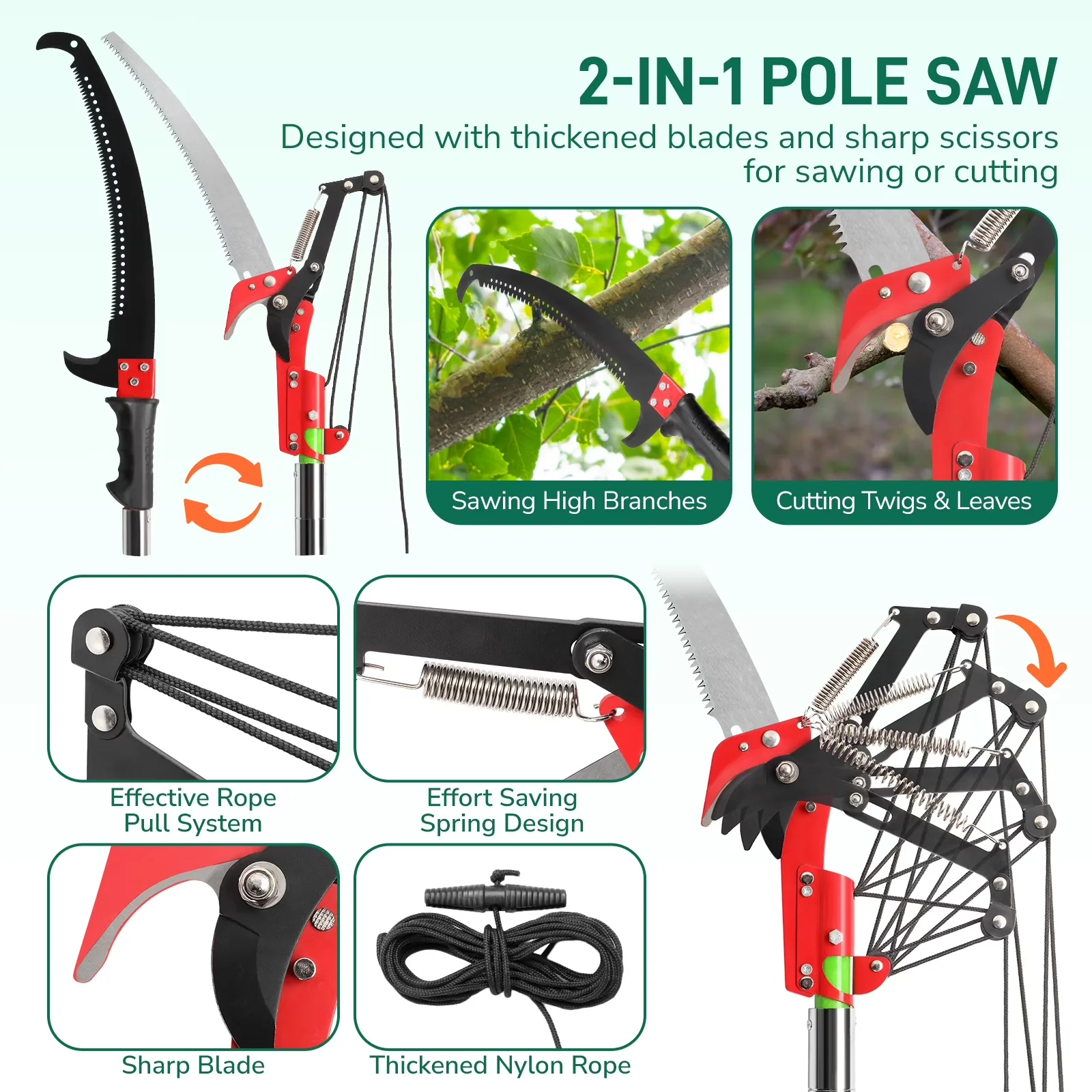 Durable Pole Saw with Telescoping, 4-30 FT - Green - Reliable Performance Model 2F02AA