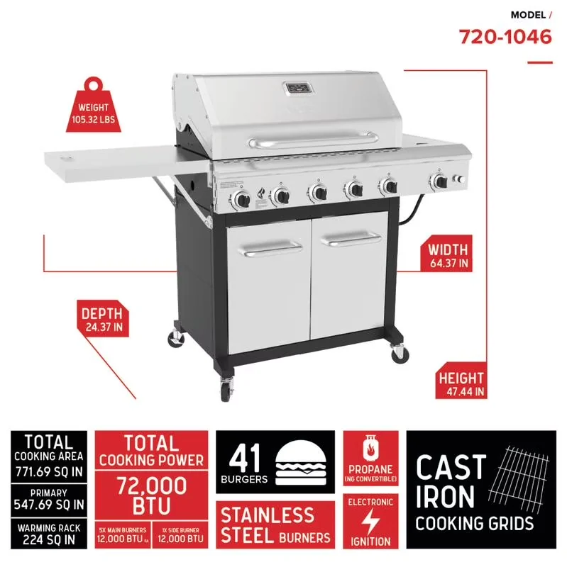 Compact Gas Grill with Warming Rack, Grease Pan, Heat Thermometer - Stainless Steel Silver Model B705F2