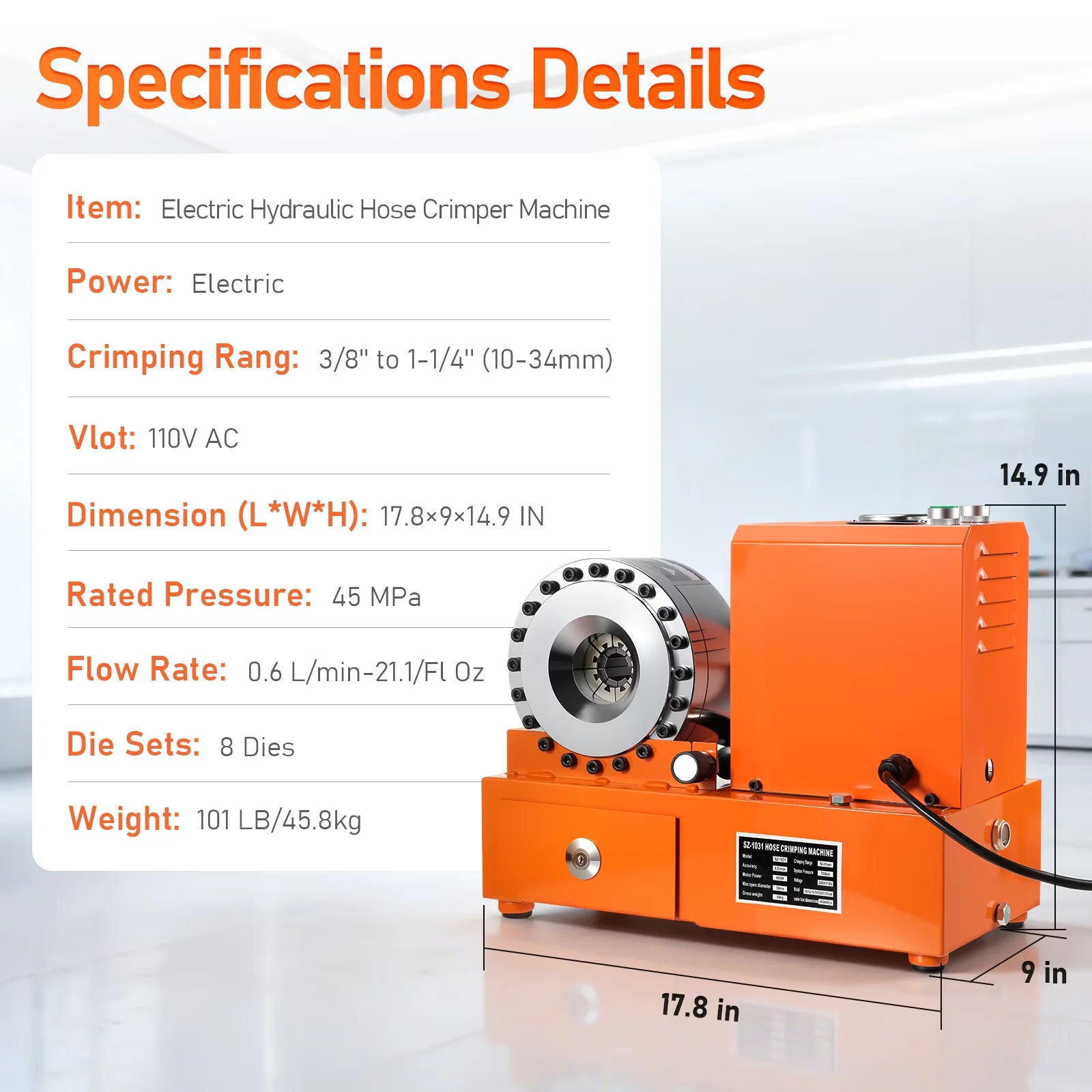 Woodworking Essential with 110V, Easy Set Up, Electric Hydraulic Hose Crimper Tool - Orange Model A9DDEE