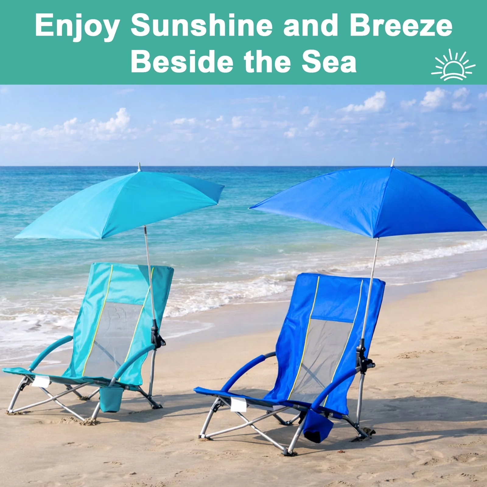 Beach Chair Modern with Folding, Cup Holder & Carry Bag - Blue Metal for Outdoor, Picnic Model 4E8B54