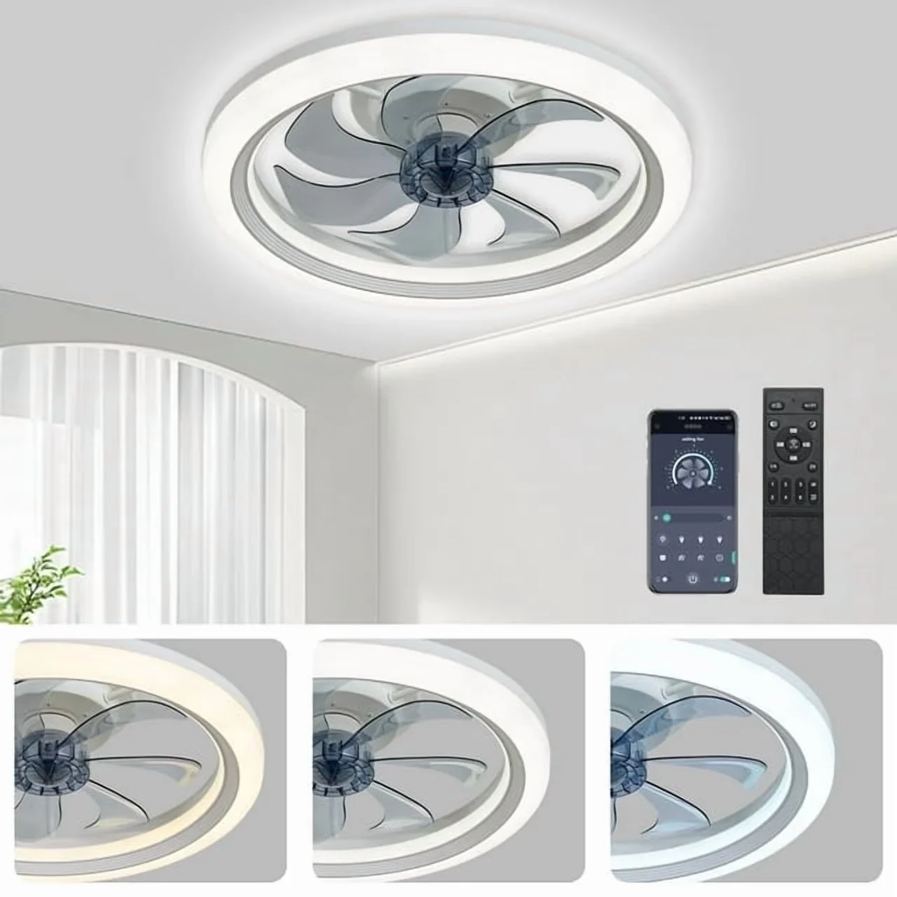 Efficient Ceiling Fan with LED, Energy Efficient, Bluetooth Compatible - White for Living Room, Bedroom Model A5C7D7