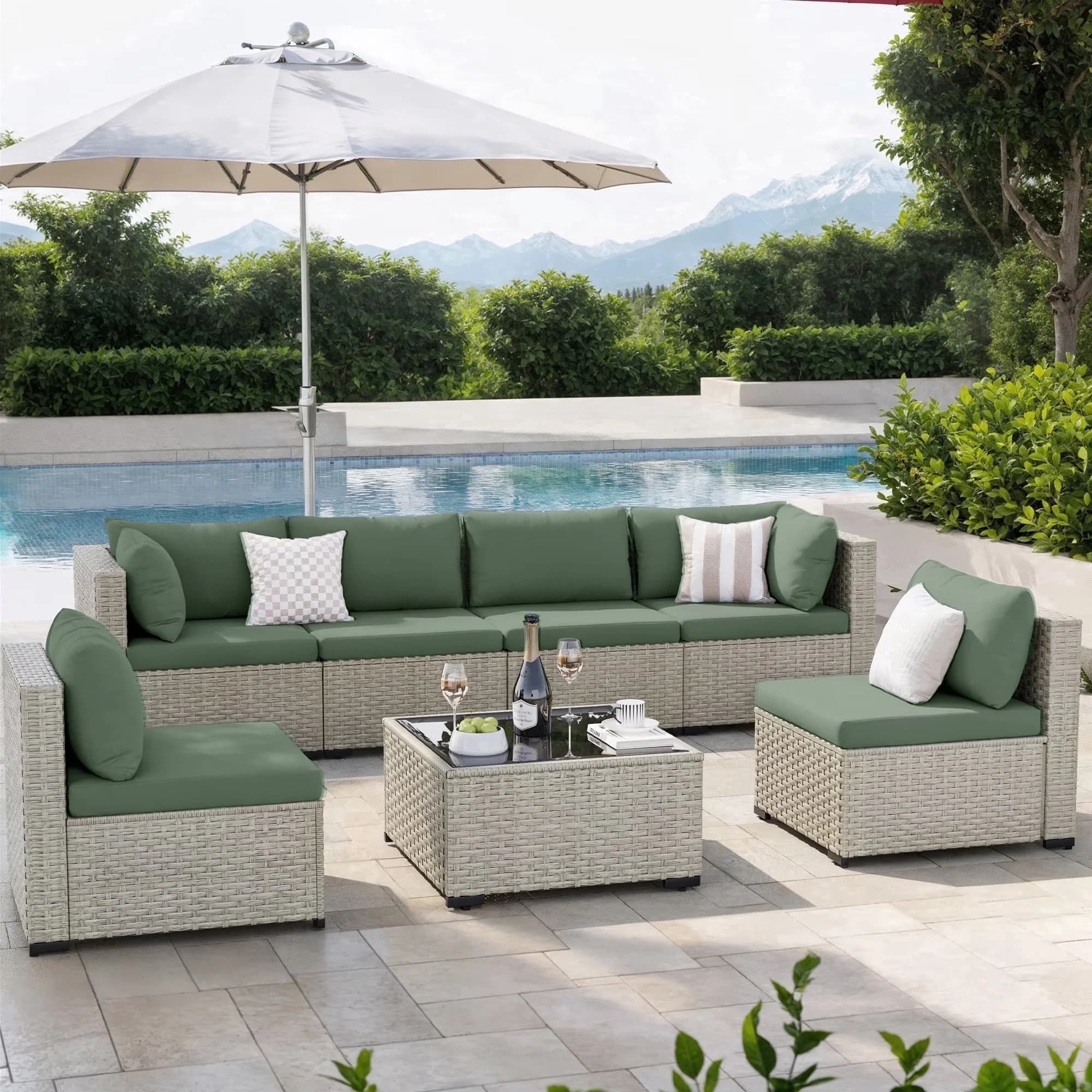 Durable Patio Conversation Set with Weatherproof, 7 Pieces - Rattan Green Model B979F7