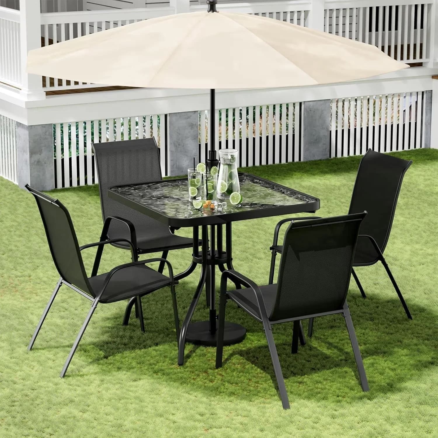 Versatile Patio Dining Set with Storage, Glass Tabletop - Metal, Glass, Textilene Black Model 8D7E2C