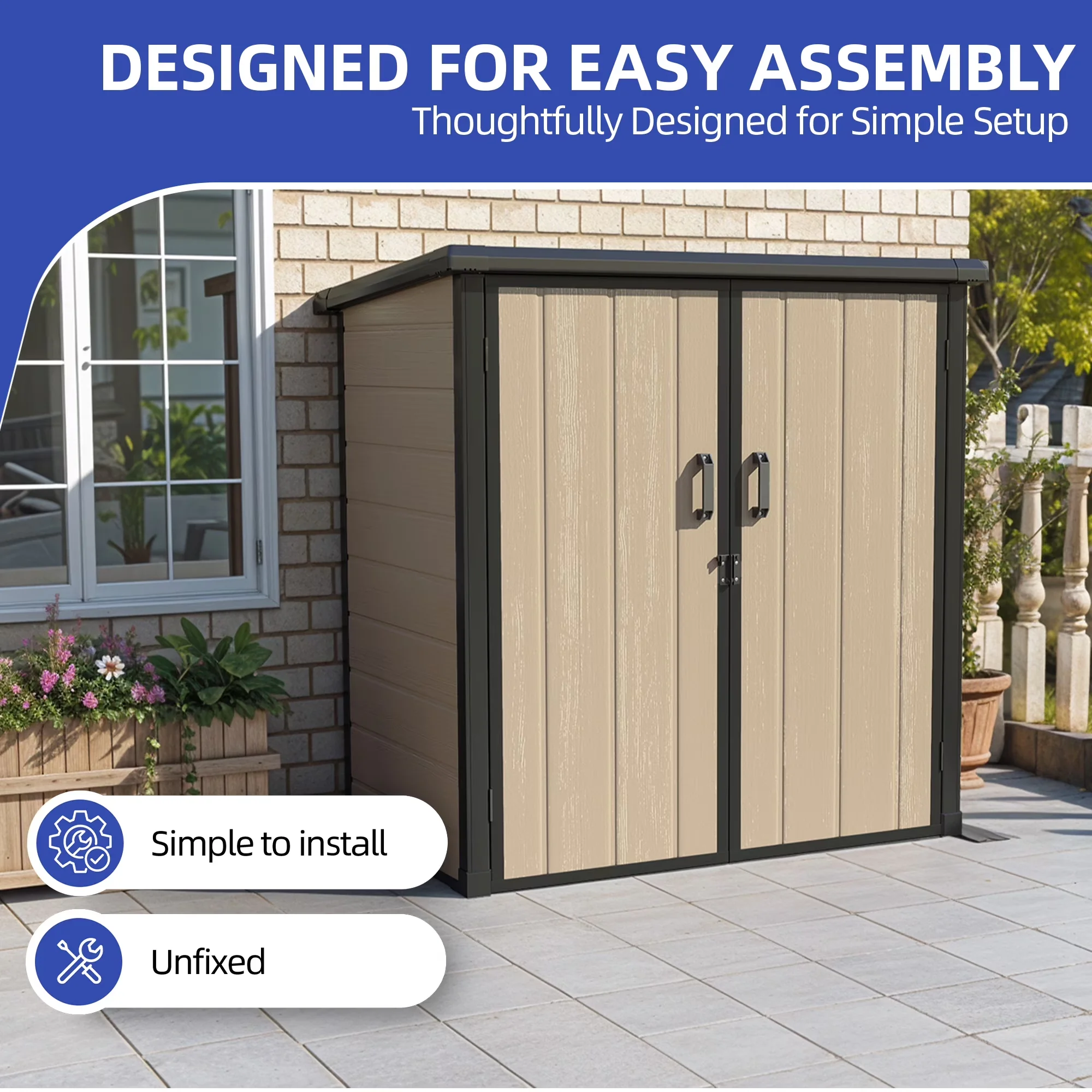 Shed Innovative with Waterproof, Lockable Door, 51 Cu Ft Outdoor Vertical Storage - Plastic Brown Model 290BEE